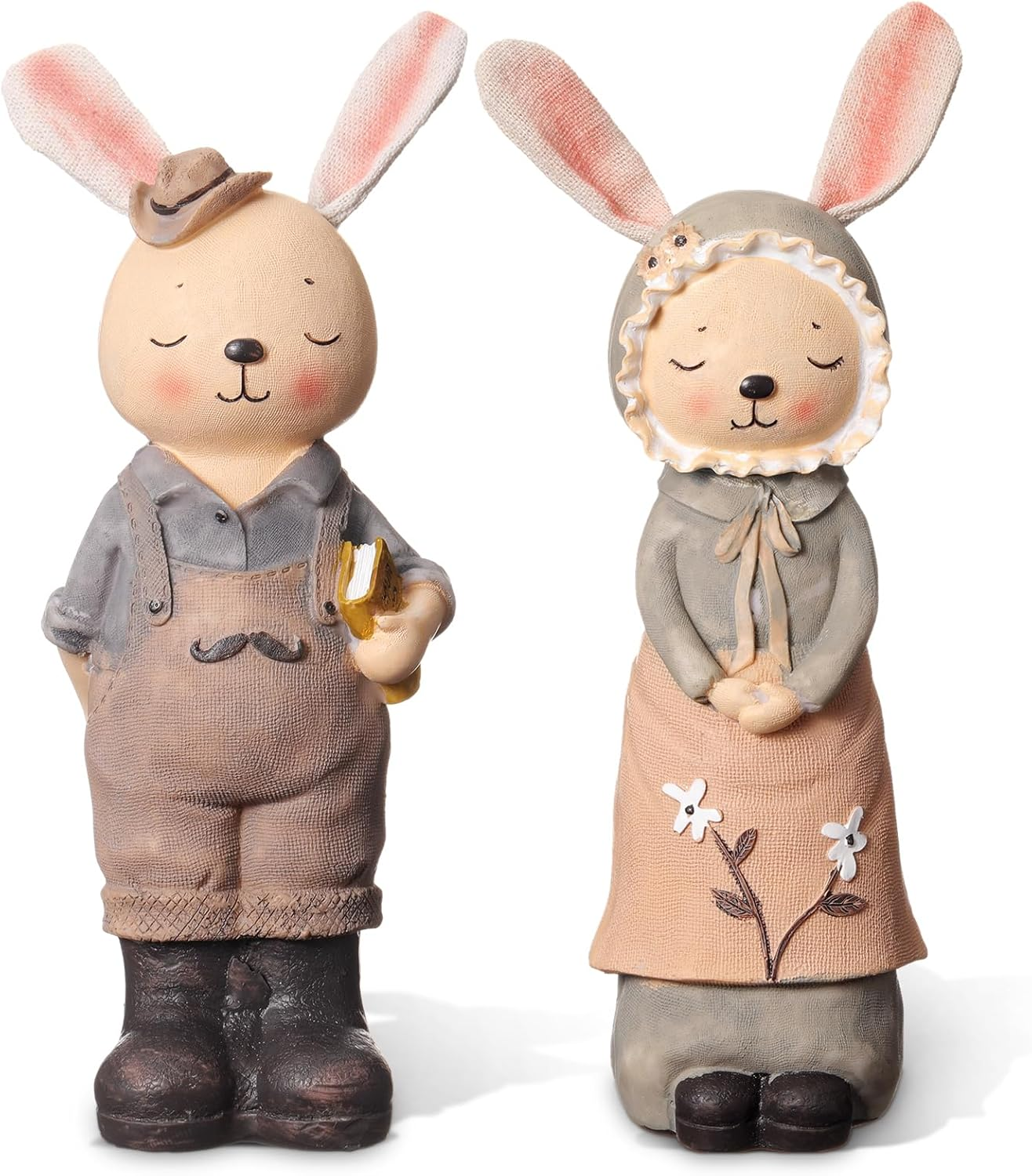Rustic Resin Bunny Couple Figurines for Easter Table Decor 9.25