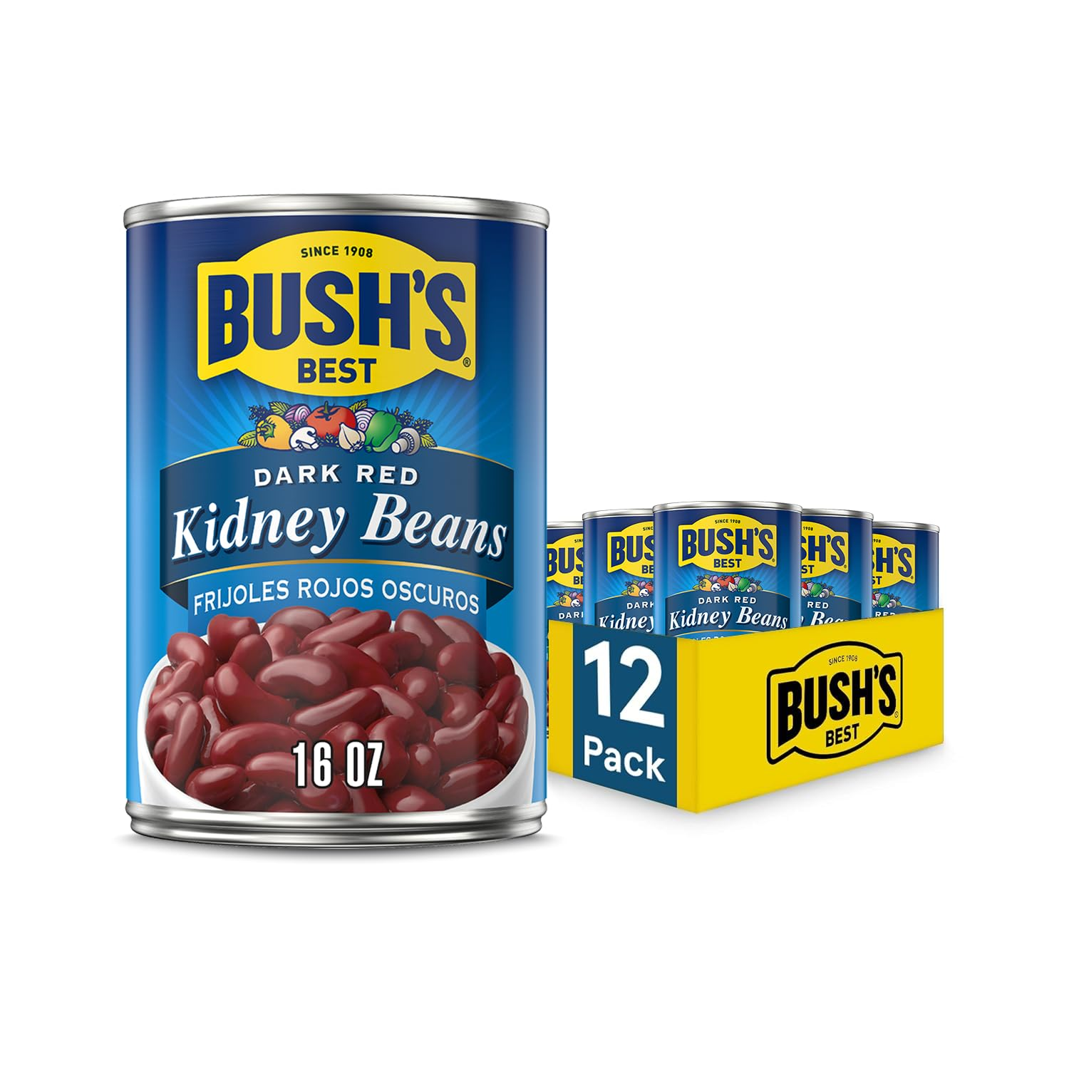 16 Oz Canned Dark Red Kidney Beans, Source of Plant Based Protein and Fiber, Low Fat, Gluten Free, (Pack of 12)