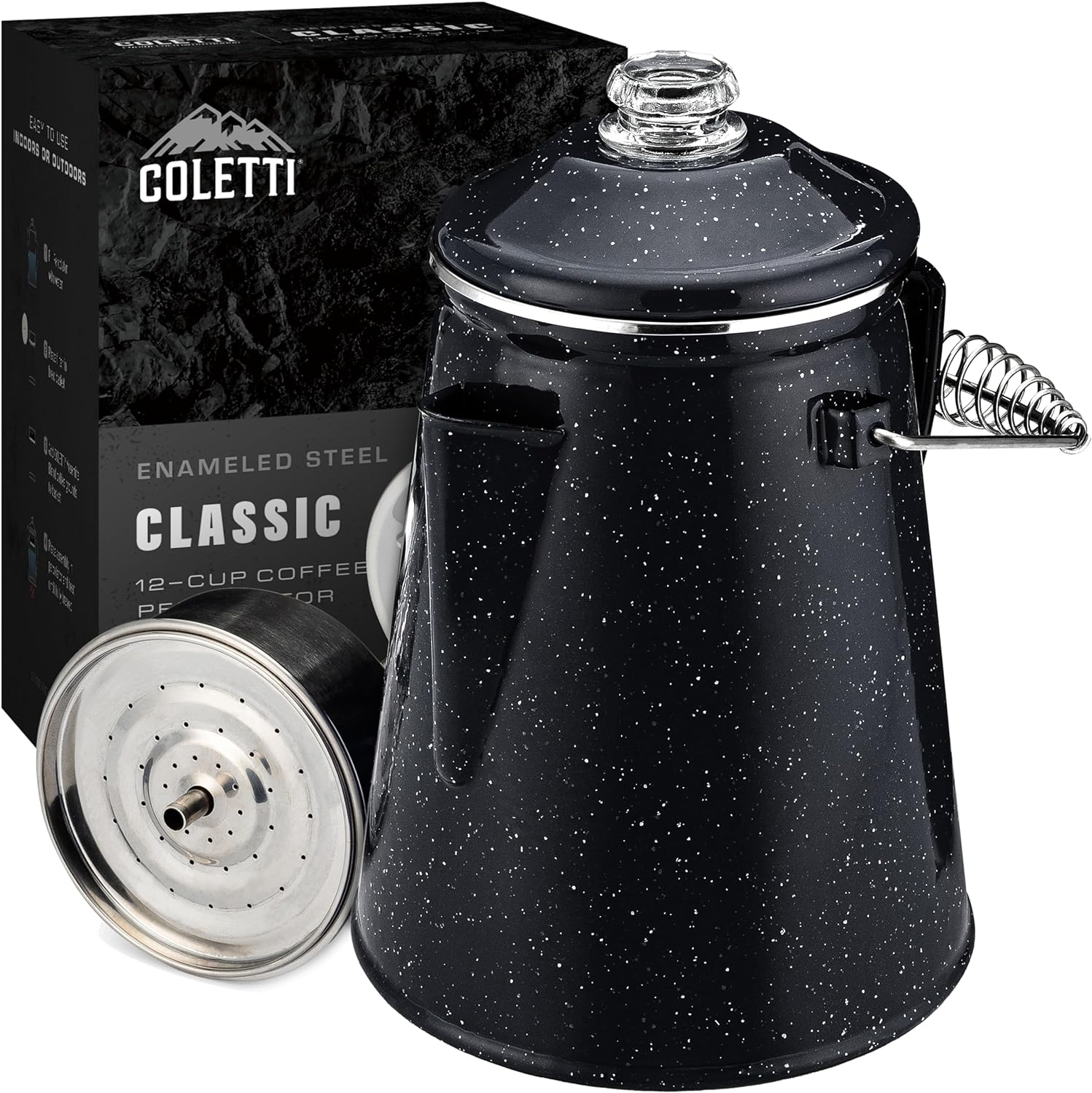 COLETTI Classic Percolator Coffee Pot — Coffee Percolator, Camping Kettle – the Original Camping Coffee Pot, Now Modernized – for Campsite Brewmasters Everywhere [Black Enamel, 12 Cup]