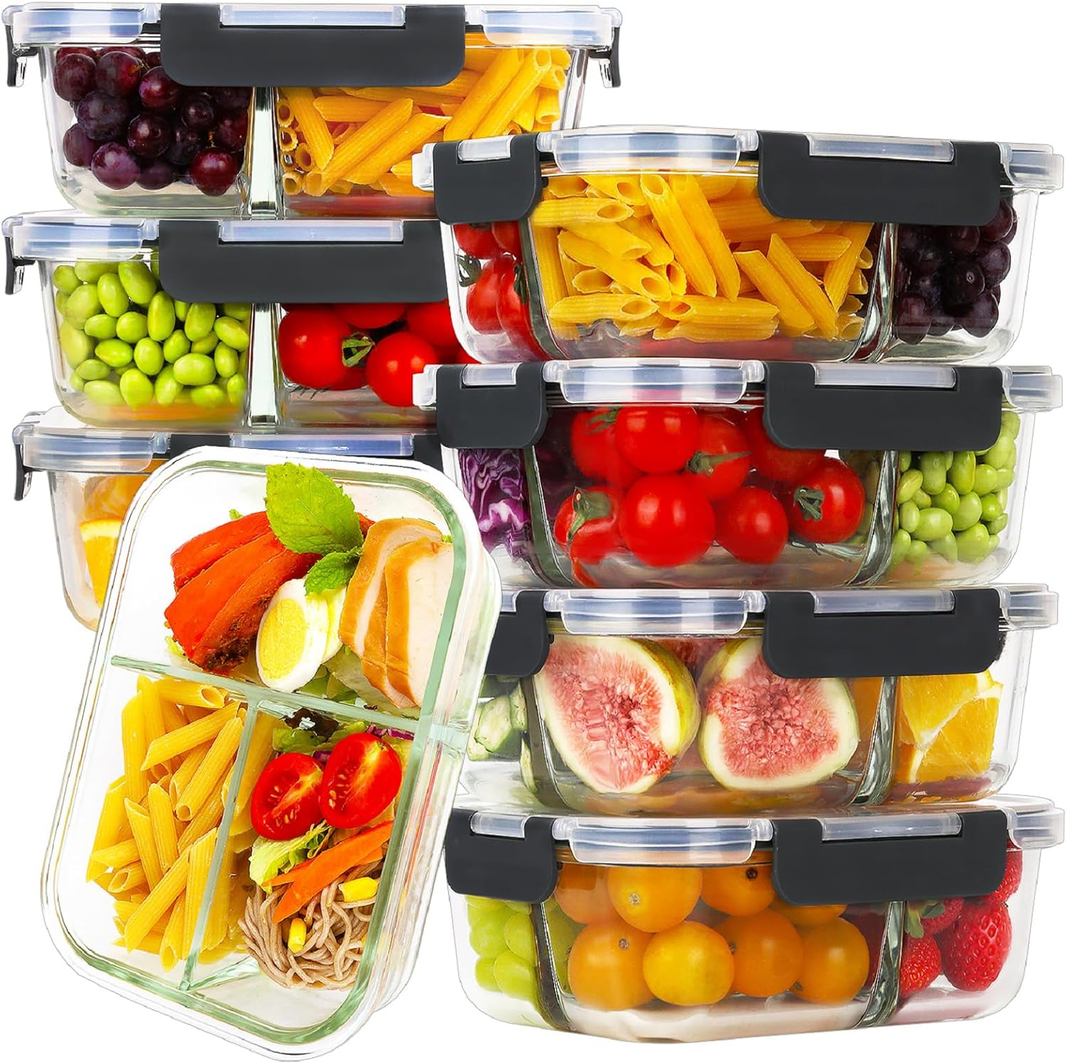 8 Pack Glass Meal Prep Containers 3 Compartment, 36Oz Glass Food Storage Containers with Lids, Airtight Glass Lunch Bento Boxes, Bpa-Free & Leak Proof (8 Lids & 8 Containers) - Black