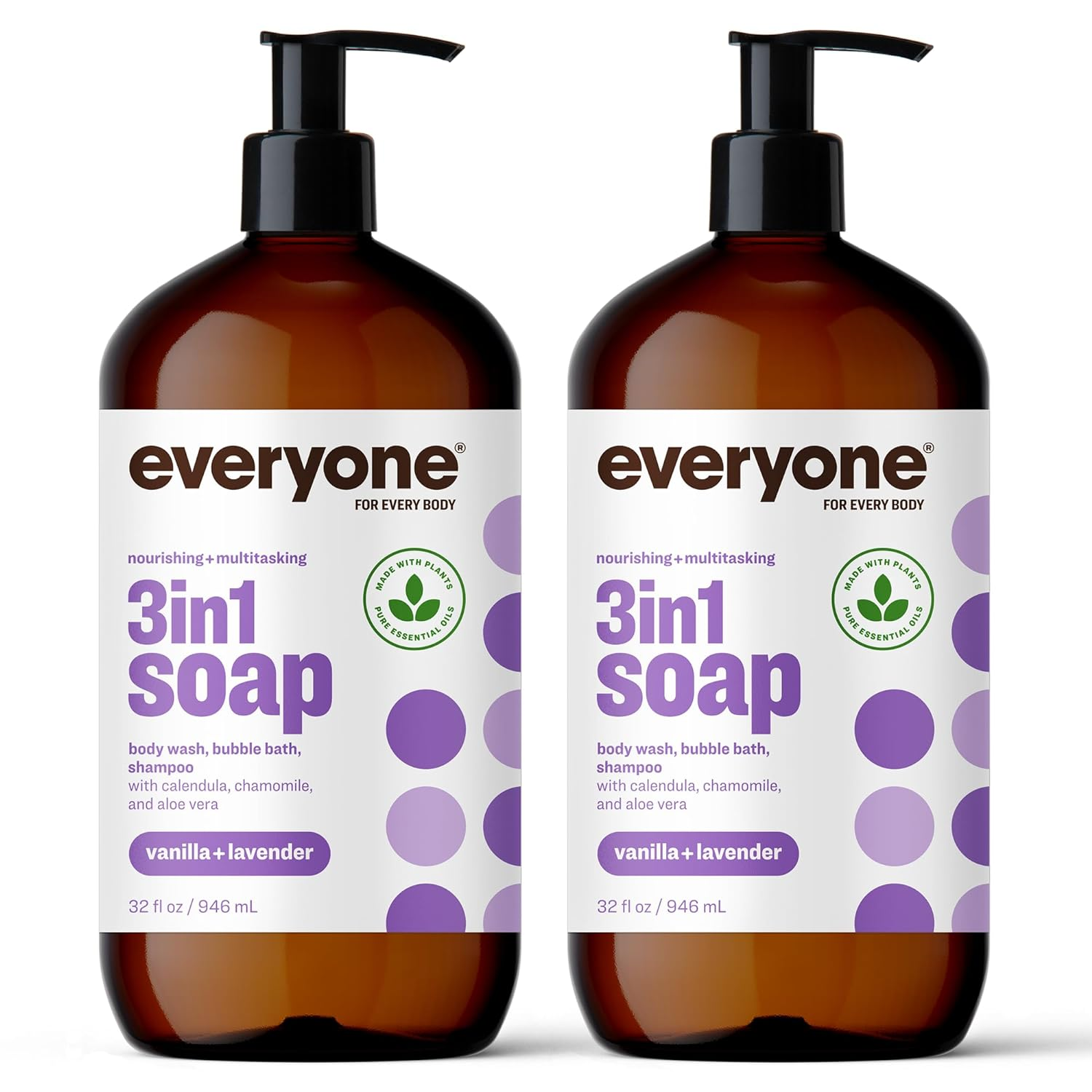 3-In-1 Soap, Body Wash, Bubble Bath, Shampoo, 32 Ounce (Pack of 2), Vanilla and Lavender, Made with Essential Oils for Men and Women