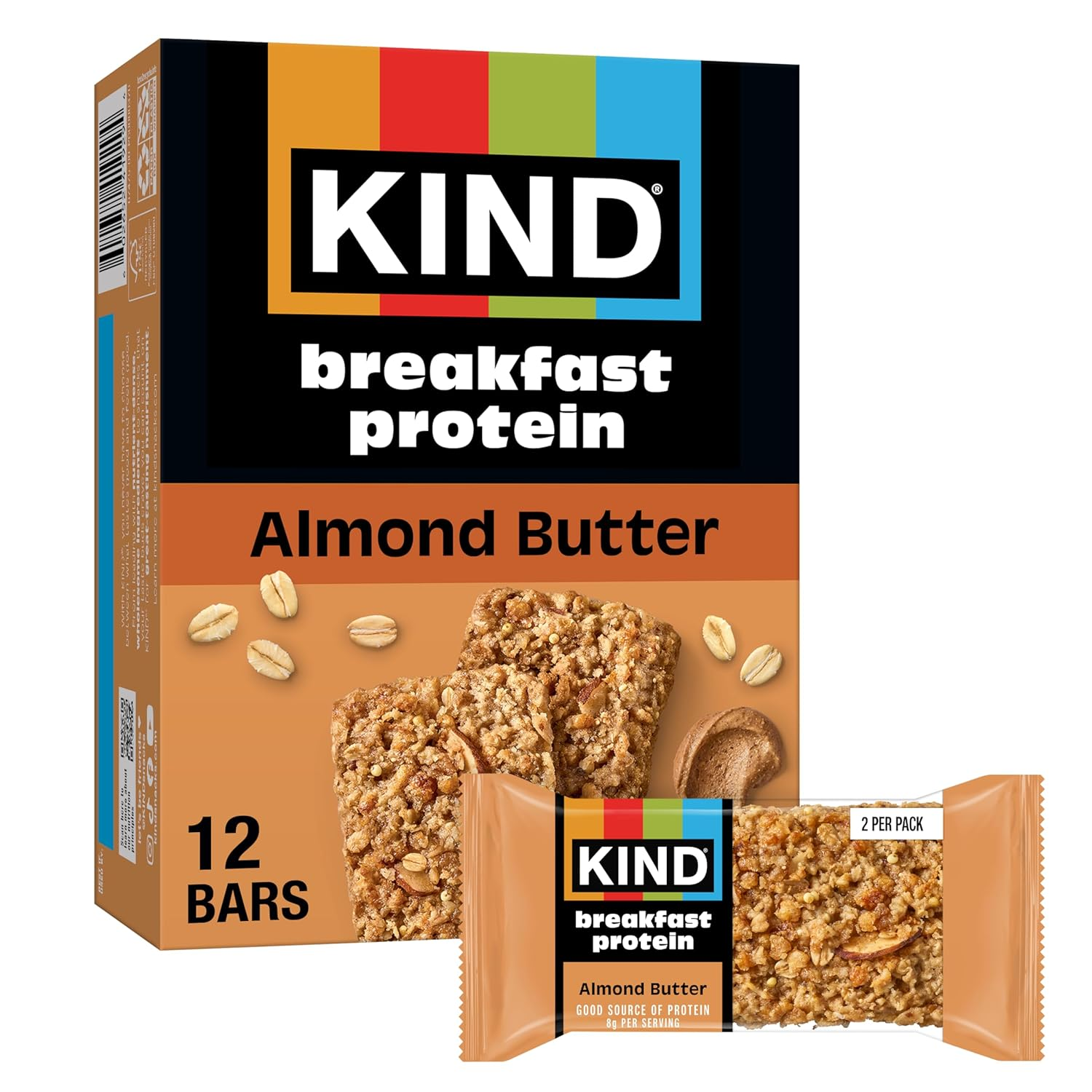 Breakfast Protein Bars, Almond Butter, Gluten Free, Low Sodium, Healthy Snacks, 8g Protein, 6 Count (6 Packs of 2 Bars)