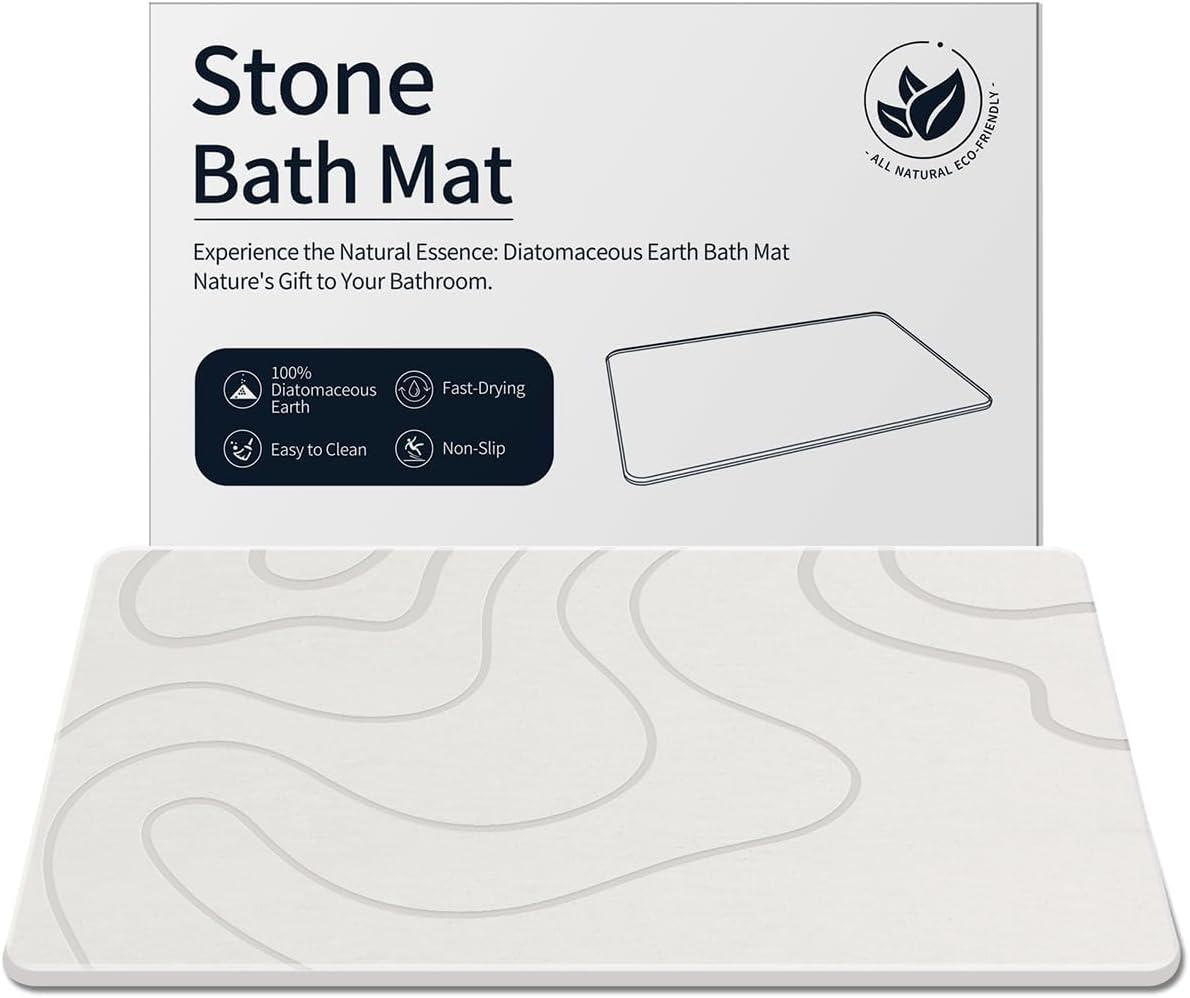 Stone Bath Mat, 60 * 40Cm Diatomaceous Earth Shower Mat Non-Slip Super Absorbent Diatomite Stone Mats for Bathroom Floor Quick-Drying Easy to Clean (White 60 * 40Cm)