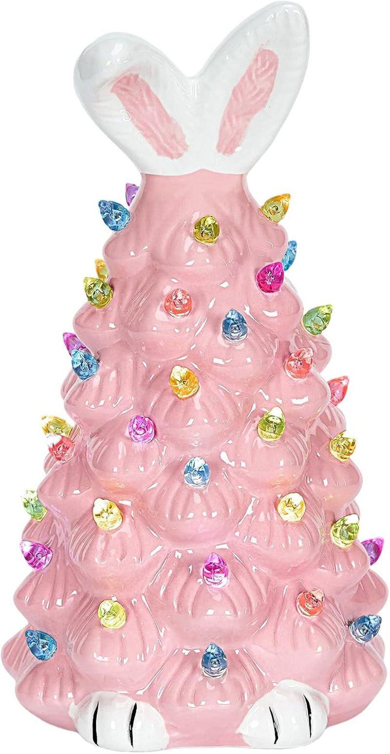 Cute Ceramic Easter Tree Bunny Decor, Light up Easter Bunny Decor Spring Decorations for Indoor Bedroom Office Decor Tabletop for Kid Gifts (Pink)