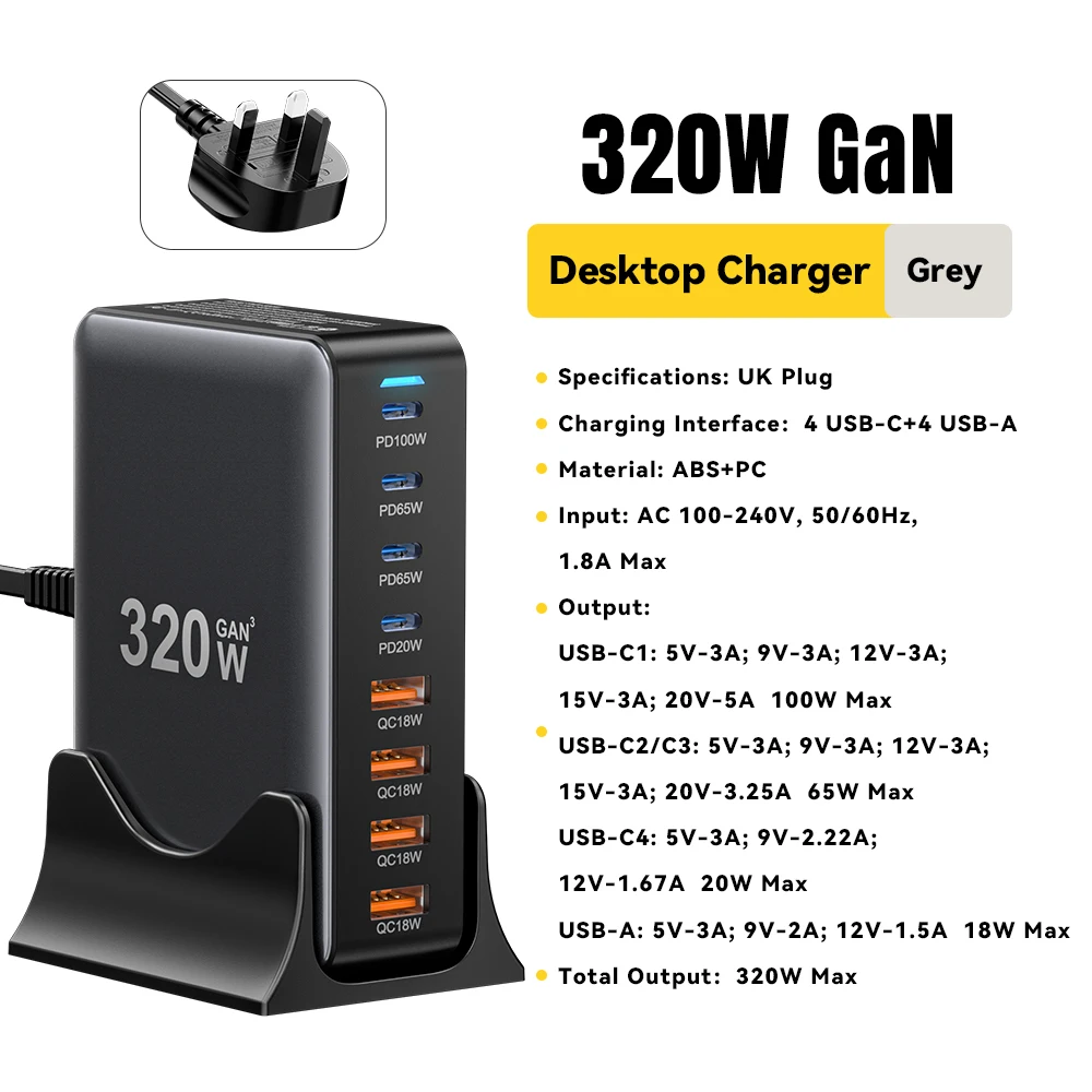 320W GaN Charger 8Port USB Type C Desktop Charging Station PD 100W Fast Charging For iPhone 16 15 14 iPad MacBook Laptop