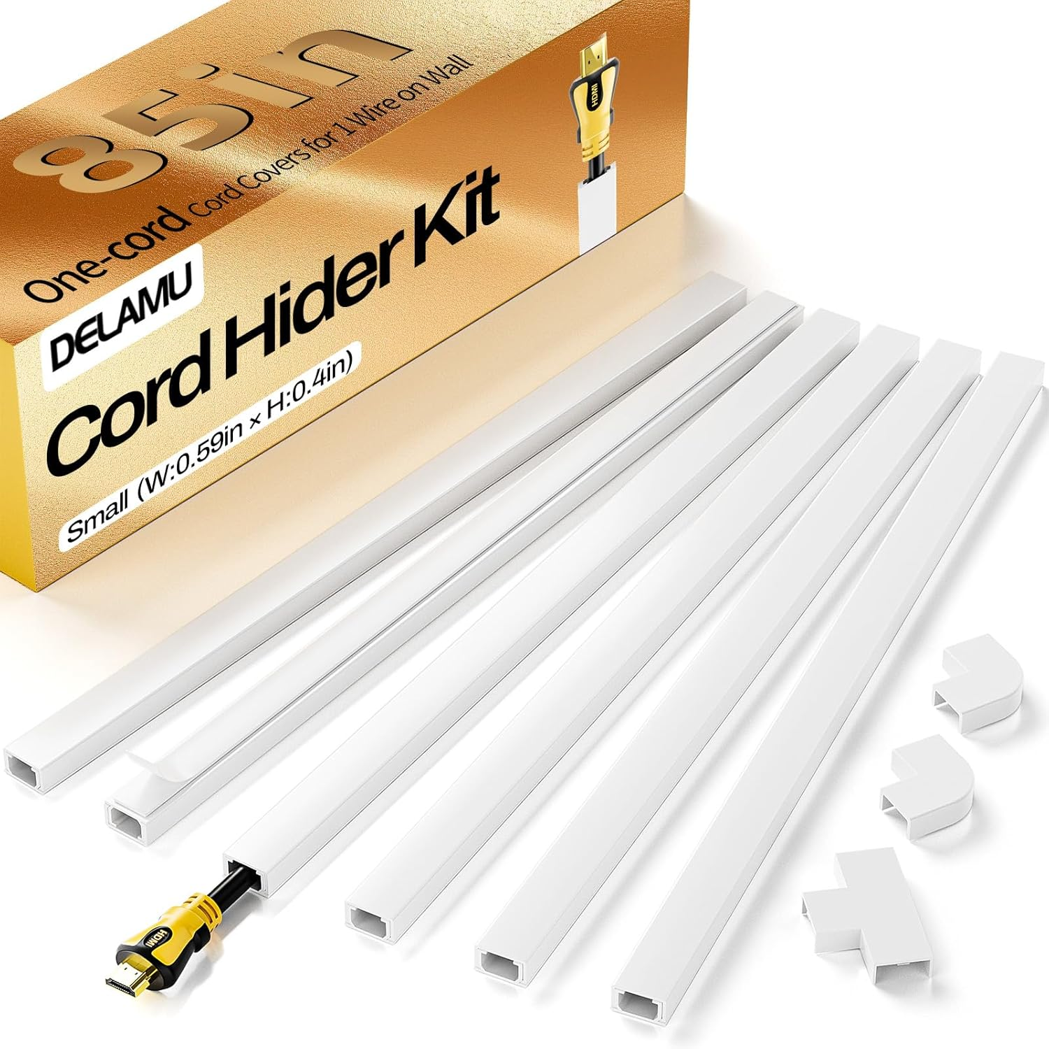 Delamu Cord Hider, Cord Covers for Wires on Wall, One-Cord Cable Hider, Self-Adhesive Wire Hiders Wire Covers for TV Cords on Wall, Easy Mount Cable Cover Management Kit, 6X W0.59 H0.4In, White