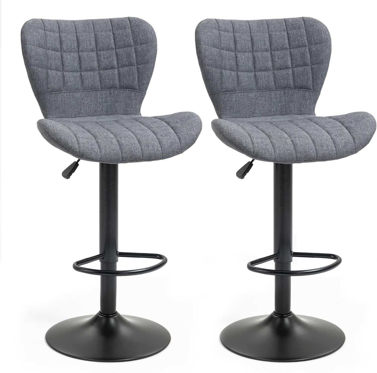 Lot De 2 Tabouret De Bar Design Dossier Incurvé Capitonné Hauteur D'Assise Réglable 61-81 Cm Pivotant 360° Repose-Pied Velours Gris
