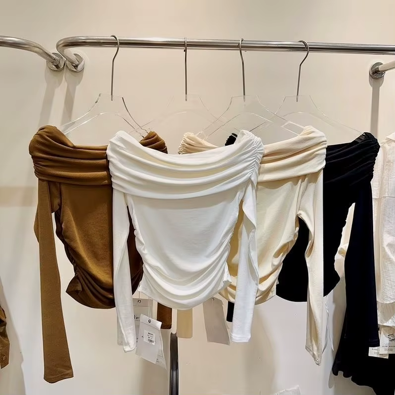 Dating Pleated Cross Shoulder Coat Women Waist Slimming Bottom T-Shirt Solid Color Everything Top