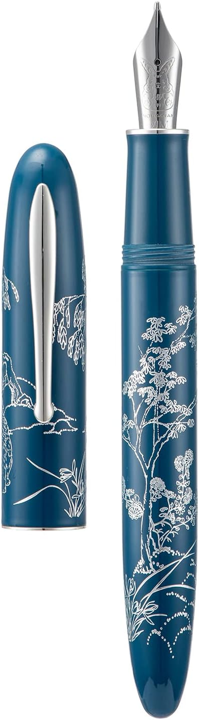 Hongdian N23 Blue Rabbit Fountain Pen, Iridium Extra Fine Nib Silver Trim, New Year Lucky Rabbit Carving Design, Smooth Writing Pen with Converter and Metal Pen Box Set