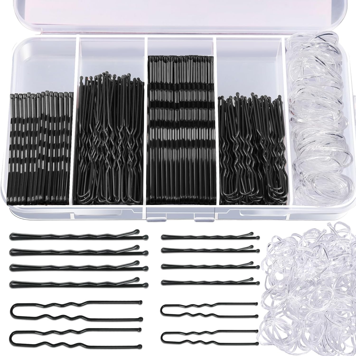 300PCS Black Bobby Pins & Clear Hair Bands Kit