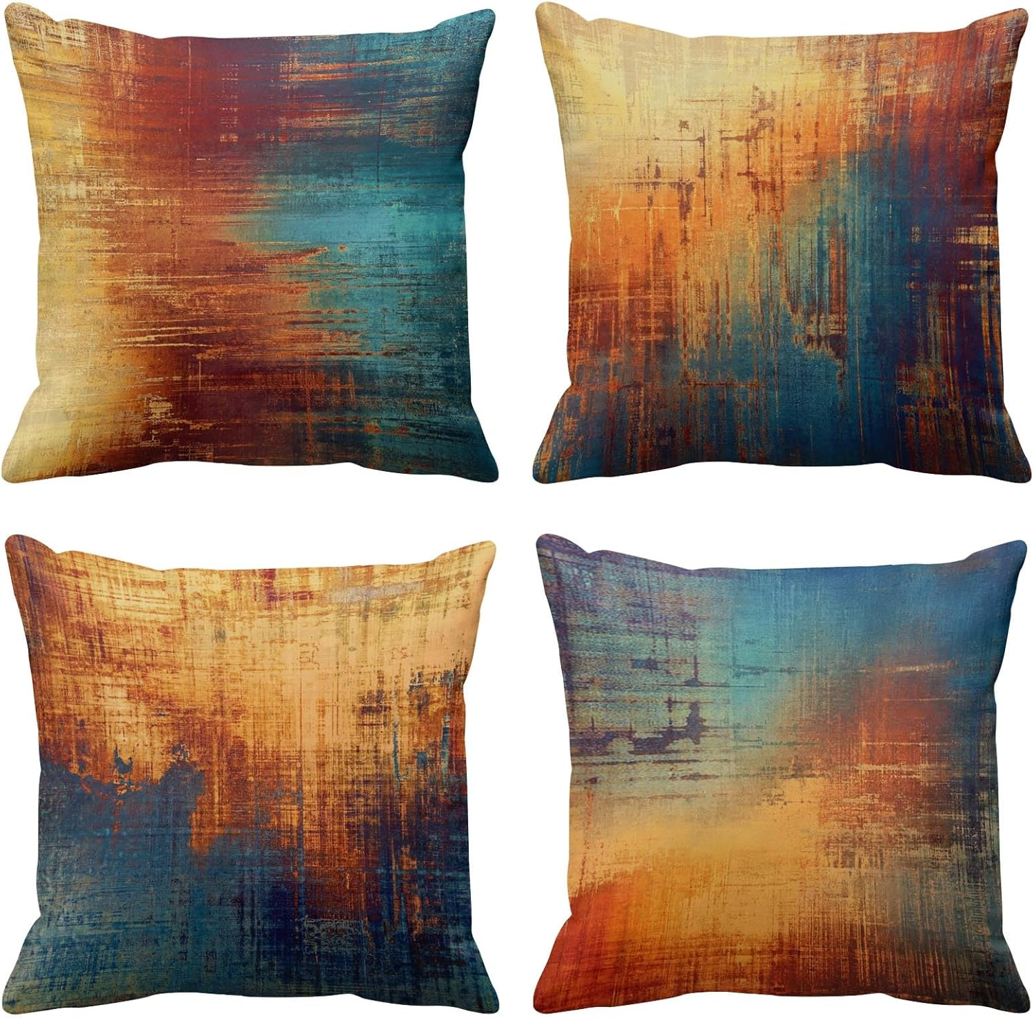 Set of 4 Throw Pillow Covers Vintage Abstract Blue and Orange Messy Rust Painting Decorative Pillow Cases Home Decor Standard Square 18X18 Inches Pillowcases