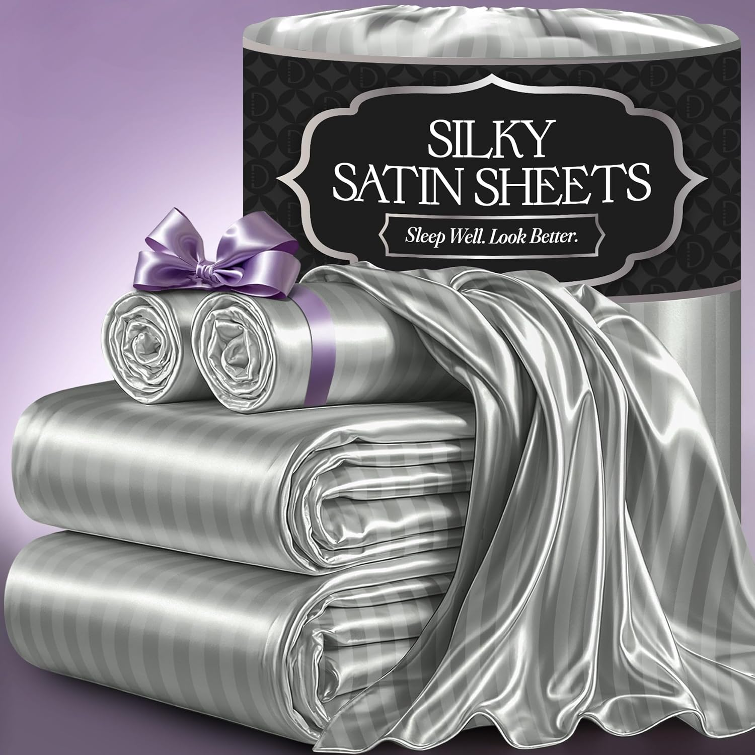 Satin Bed Sheets - 4 Piece Luxury Silky Queen Size Bedding Set - Softer than Silk, Wrinkle-Free with 15” Deep Pocket Fitted Sheet, Perfect for Hair & Skin, Gifts for Women (Striped Grey-01)