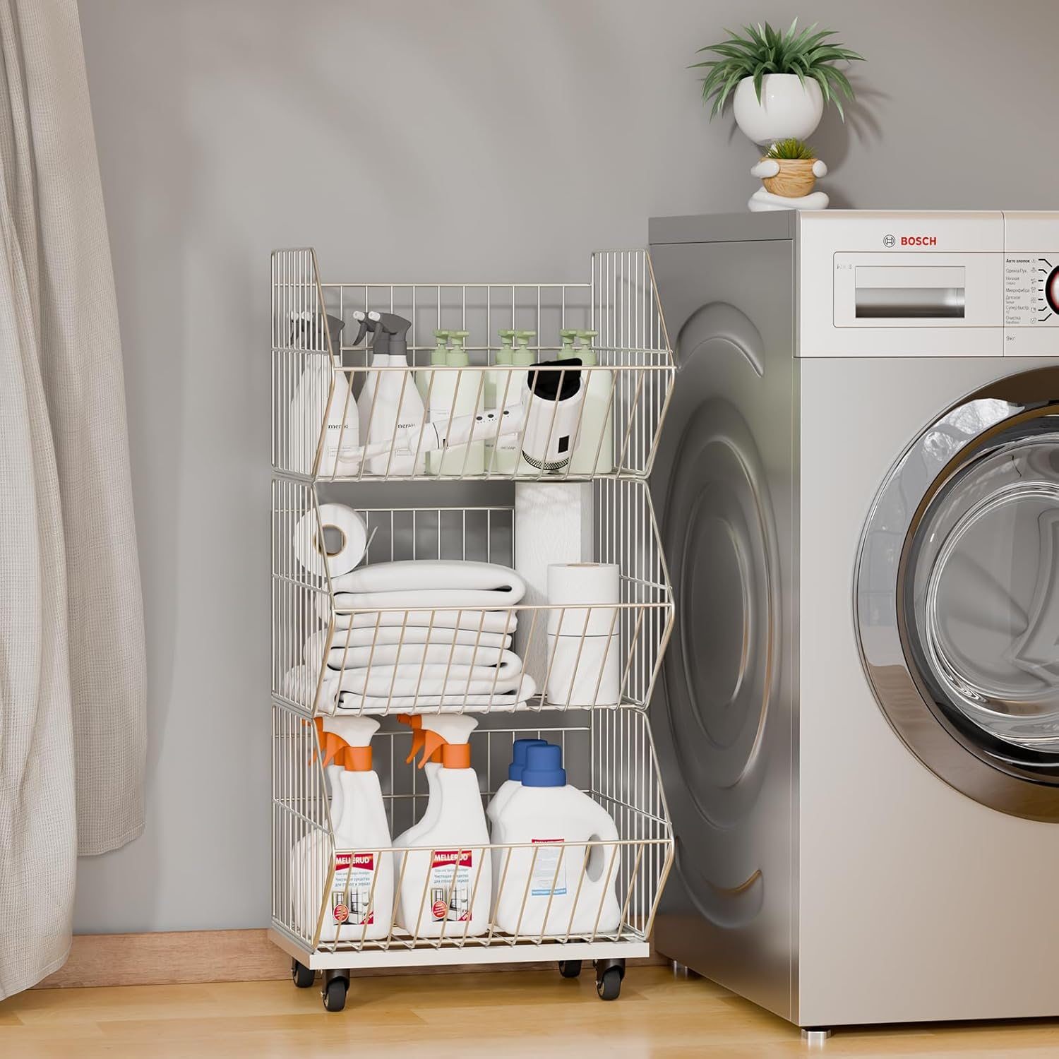 Heavy Duty Standing Metal Shelving Unit, Wire Storage Basket with Wheels, Folding Shoe Racks, Clothing Sweaters Shoes Handbags Organizer for Kitchen Garage Pantry Porch (3-Tier with Base)