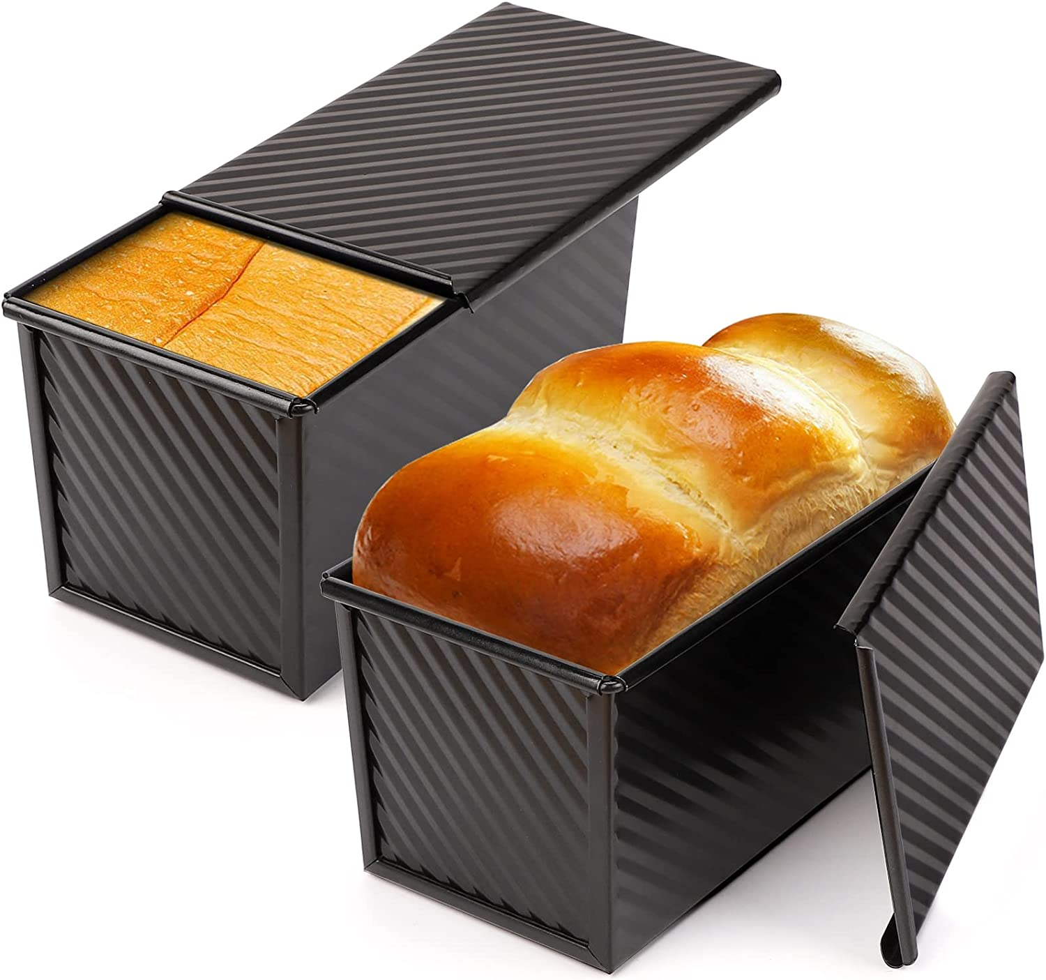Beasea Pullman Loaf Pan with Lid, 2 Pack 1 Lb Non-Stick Black Bread Loaf Pans for Homemade Bread Carbon Steel Toast Box with Cover for Bakeware Toast Oven Baking