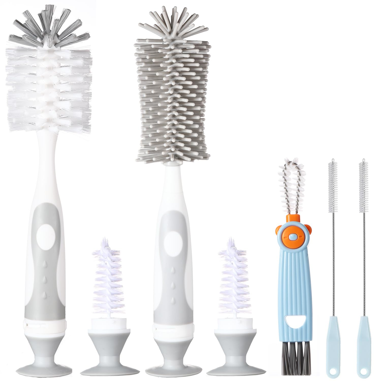5-In-1 Baby Bottle Cleaner Set, Including Nylon & Silicone Bottle Brush, Cap, Straw & Nipple Brushes, Bpa-Free (Grey)