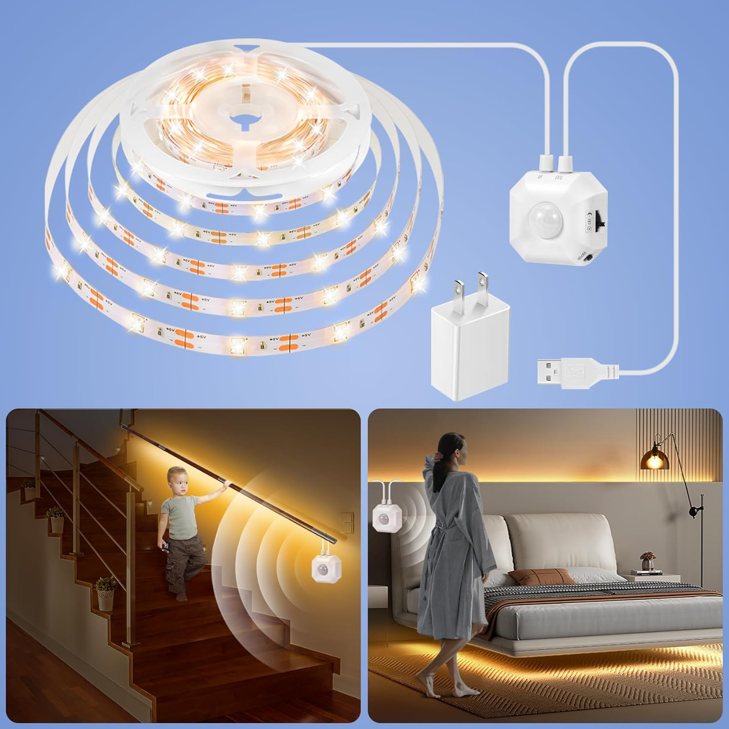 Motion Sensor Light Indoor under Bed Lights, 16.4Ft Dimmable Motion Activated LED Strip Lights for Bedroom, Warm White USB under Cabinet Lights Motion Sensor LED Strip for Kitchen Stair Closet