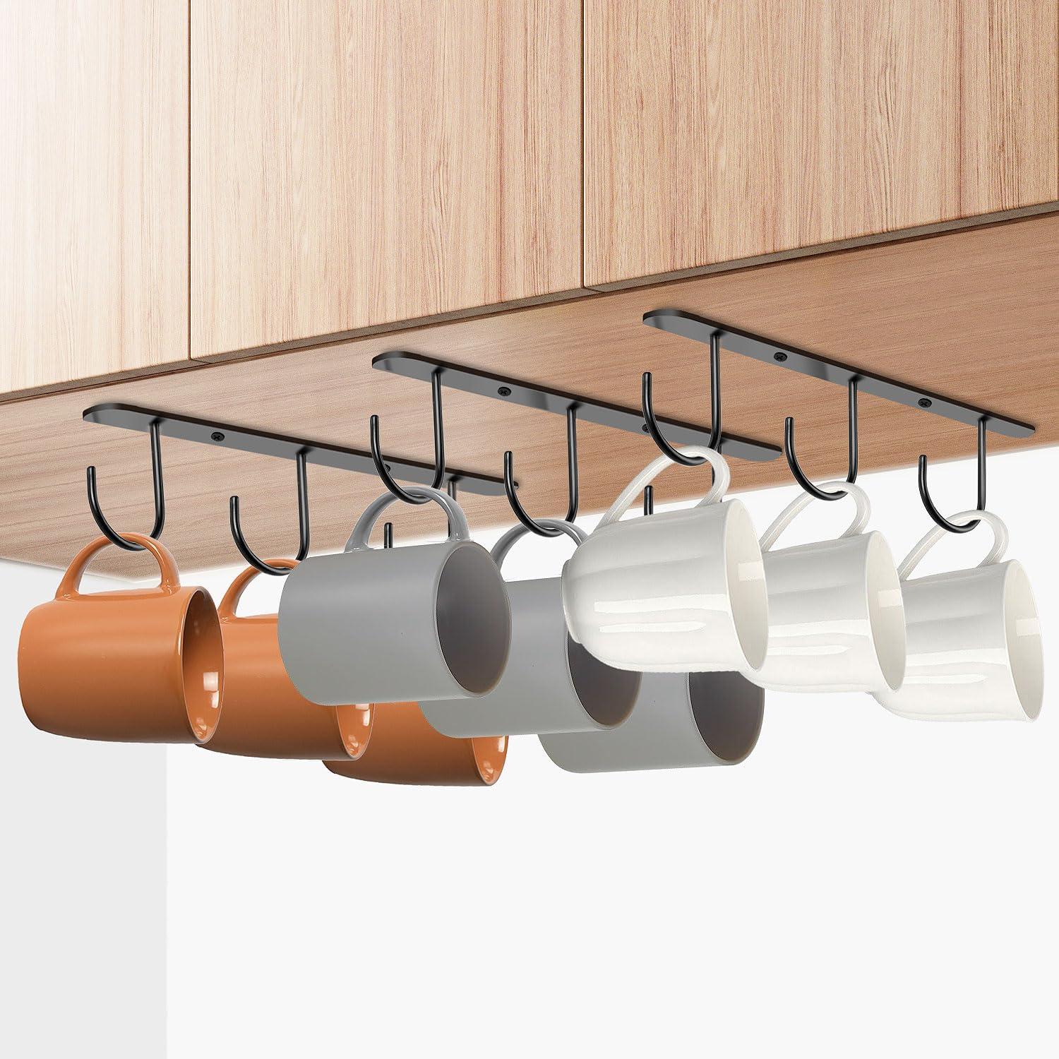 3 Pack Mug Hooks Under Cabinet, Hanging Coffee Mug Holder for Kitchen Cabinet/Shelf, Coffee Mug Organizer with 9 Hooks, for Mugs, Cups, Kitchen Utensils Display, Black