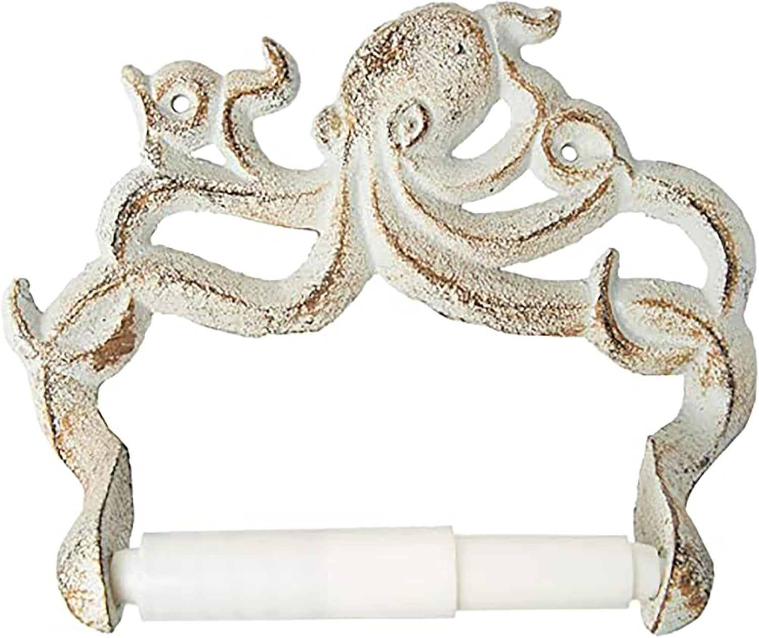 Decorative Cast Iron Octopus Toilet Paper Roll Holder – Wall Mounted Octopus Décor for Bathroom – Kraken, Nautical Bathroom Accessories – Easy to Install with Included Screws and Anchors - Rust White