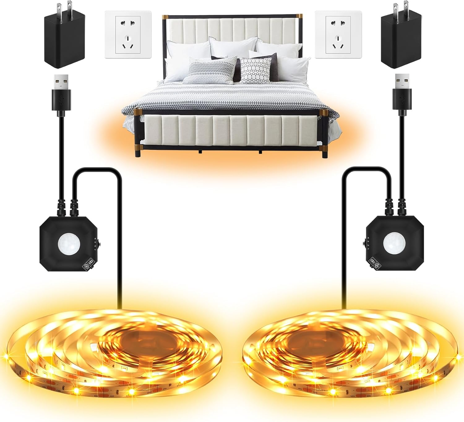 Motion Activated LED Strip Lights, 2X9.8Ft Warm White LED Strip Motion Sensor under Bed Lights with Auto Shut-Off Timer, USB Powered Motion Sensor Light Strips Indoor for Bedside Cabinet Stair Closet