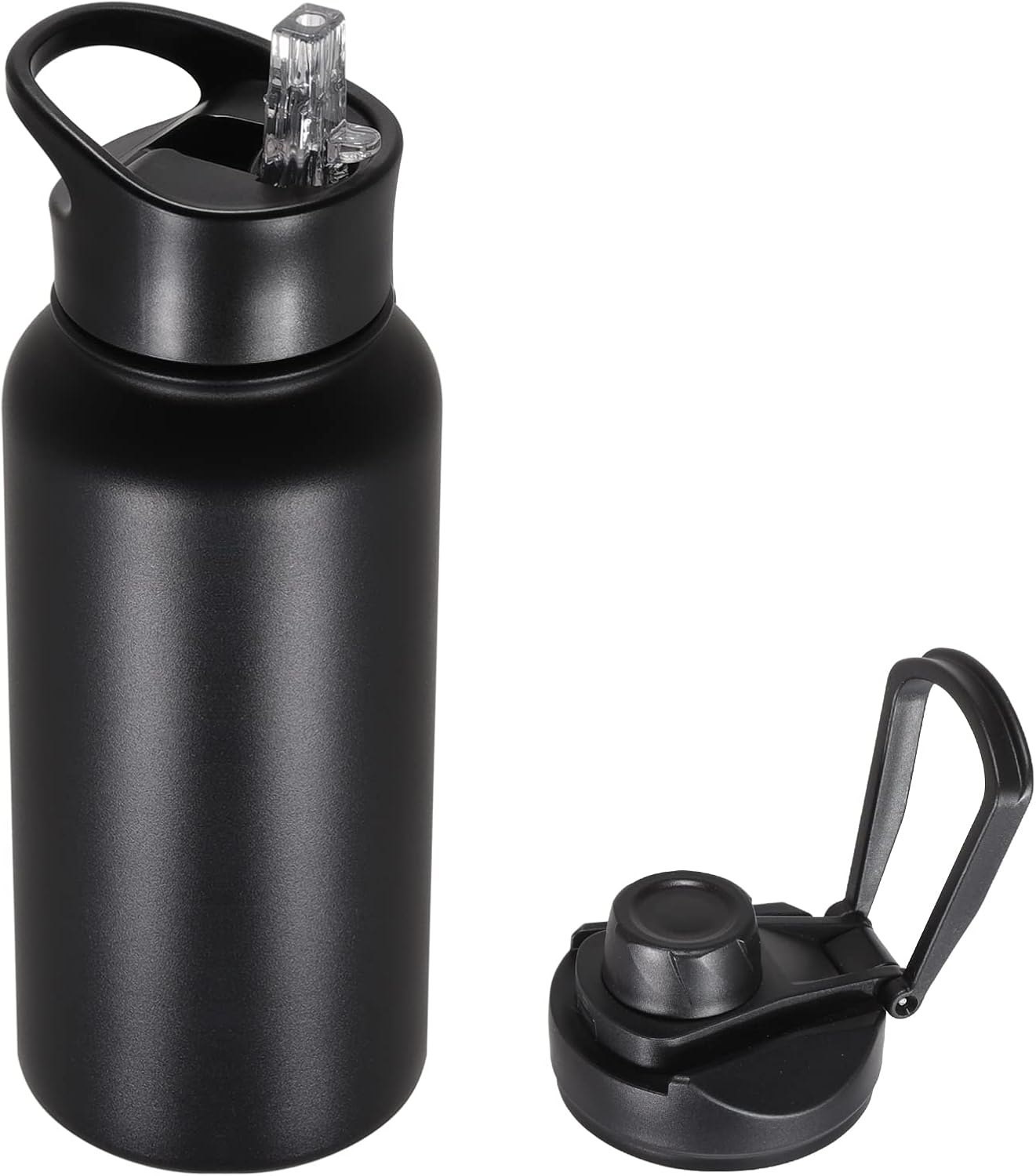 32 Oz Insulated Water Bottle with Straw Lid & Wide Mouth Lids, Stainless Steel Sports Water Bottles, Double Walled Vacuum, Leak Proof, Black