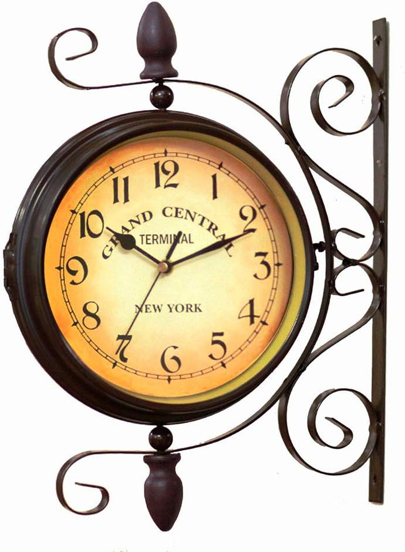 Vintage Double Sided Wall Clock Vintage Industrial Wall Clock for Outdoor Decorative Wall Art Antique Decor Wall Office Wall Clock Silent Kitchen Wall Clock 360 Degree Rotate Antique Wall