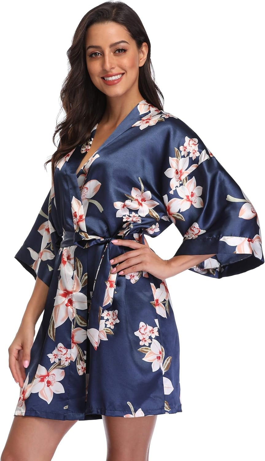 Women Floral Robes Bridesmaids Short Satin Kimono Sleepwear for Wedding Party