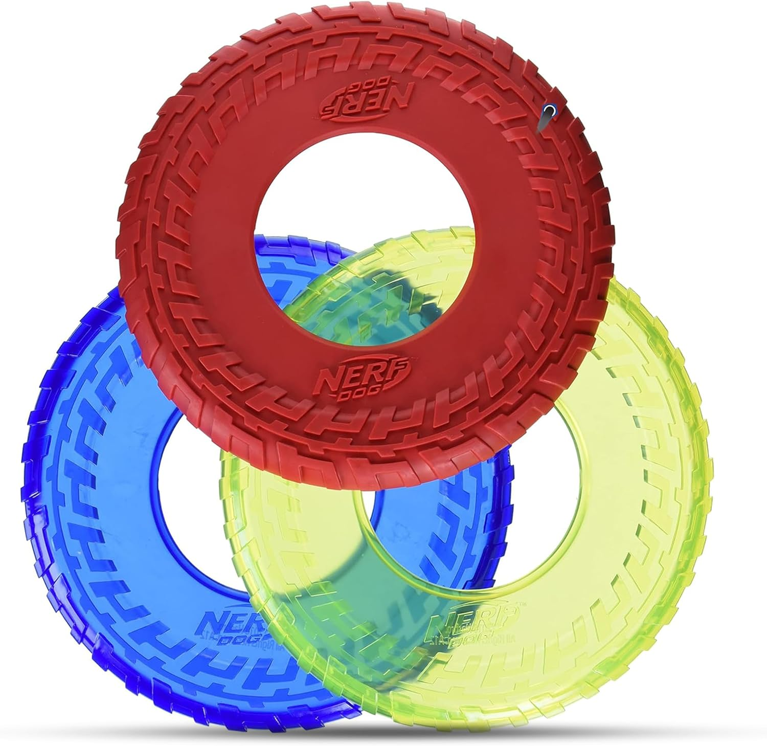 Tire Flyer Dog Toy Gift Set, 10 Inch Flying Disc Dog Fetch Toys, Rubber Dog Toy for Medium Dogs and Large Dogs, Red, Translucent Green and Translucent Blue, 3 Count