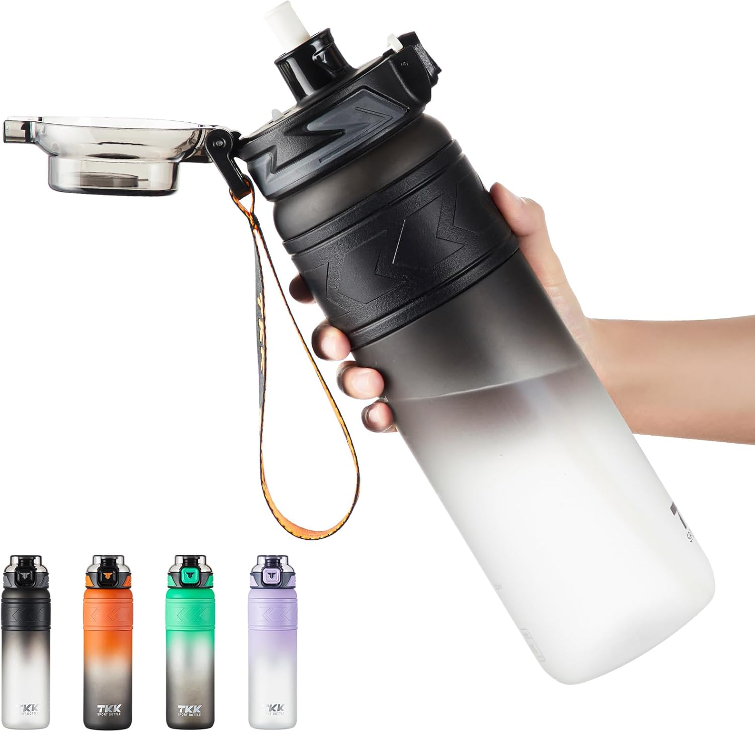 Sports Water Bottles with Removable Straw 34 Oz Leak-Proof Flip Top Lid BPA Free Tritan Bottles with Strap for School, Fitness, Gym, Outdoor, Black-White