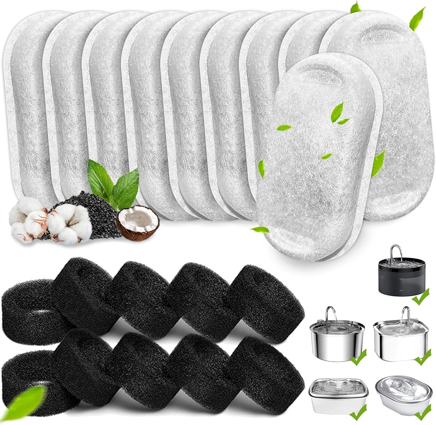 Cat Water Fountain Filters, 20Pack Cat Replacement Filters for Stainless Steel 108oz/3.2L& 67oz/2L Adjustable Water Flow Pet,Dog Fountain Filters（10 Filters& 10 Sponges