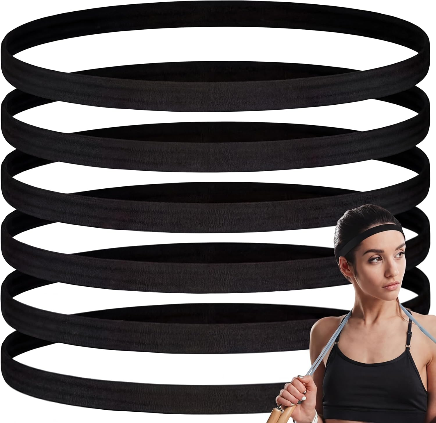 12 Pieces Black Thin Elastic Sports Headbands for Women Skinny Athletic Hair Bands Yoga Head Band Sweatband for Exercise Yoga Workout Running Soccer