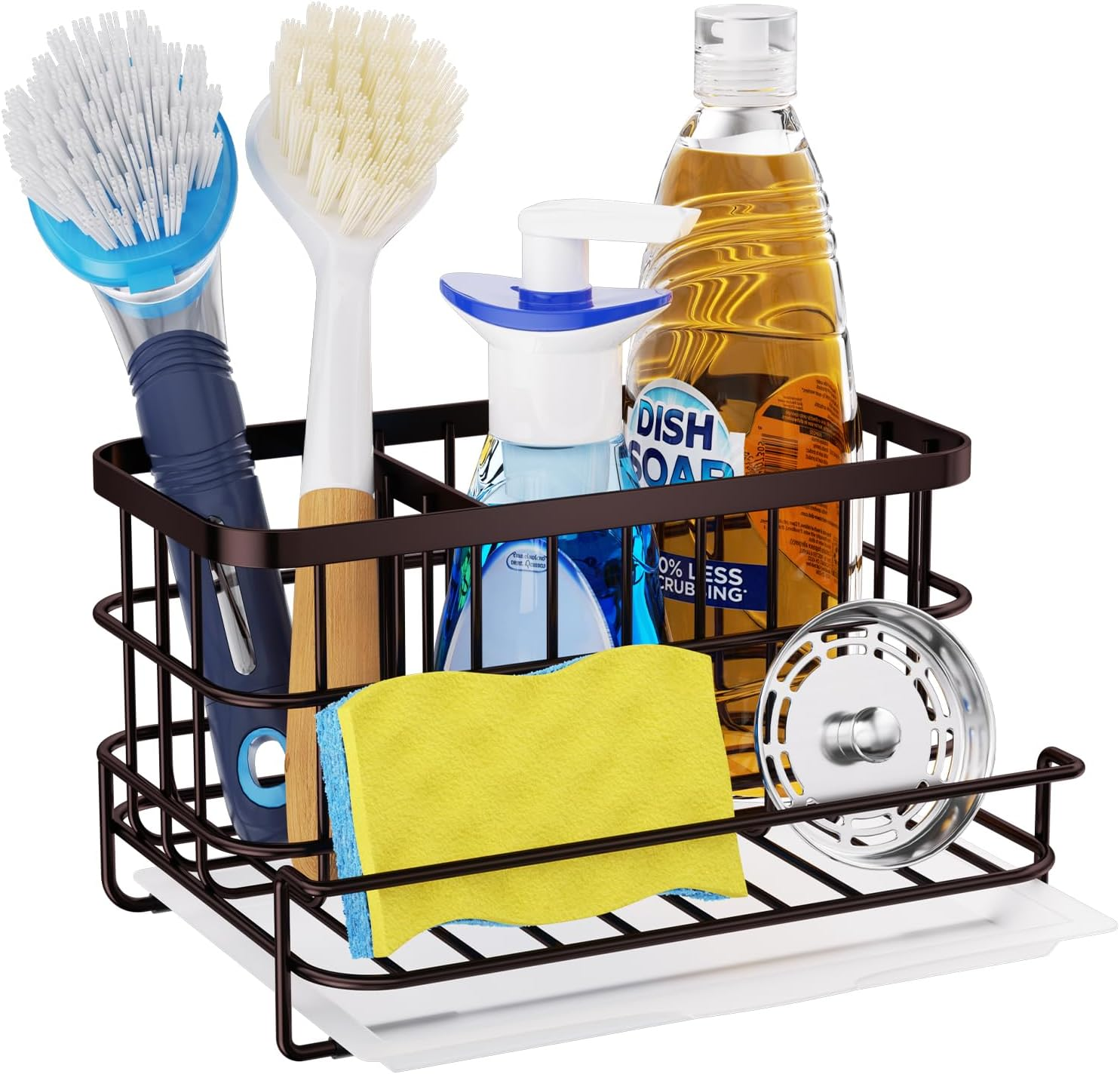 Multifunctional Kitchen Sink Caddy with Removable Drain Tray, Quick Draining Rustproof Sink Organizer, Stainless Steel Kitchen Sponge Holder for Sponge, Cleaning Towel and Scrubber-Bronze