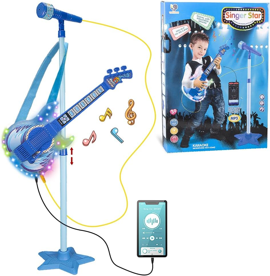 Guitar and Microphone Set for Kids,Guitar Toys with Music&Colorful Light,Adjustable Height Microphone with Stand,Karaoke Toys Gift for Boy,Girls,Toddlers(Blue)-Upgraded,Stocking Stuffers