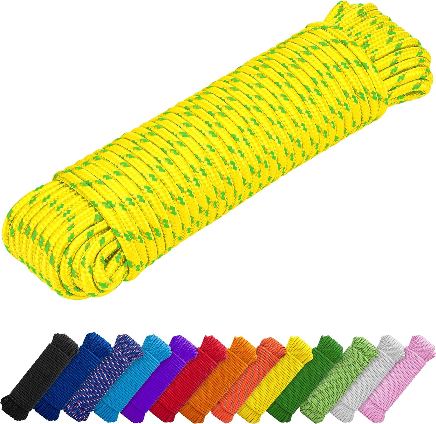 Rope – 90 Feet x 1/4 Inch (7mm) – Neon Mix – Strong All-Purpose Utility Rope – Camping, Crafting, Flag Pole, Indoor & Outdoor – Polypropylene Nylon Poly Lightweight Diamond Braided Cord