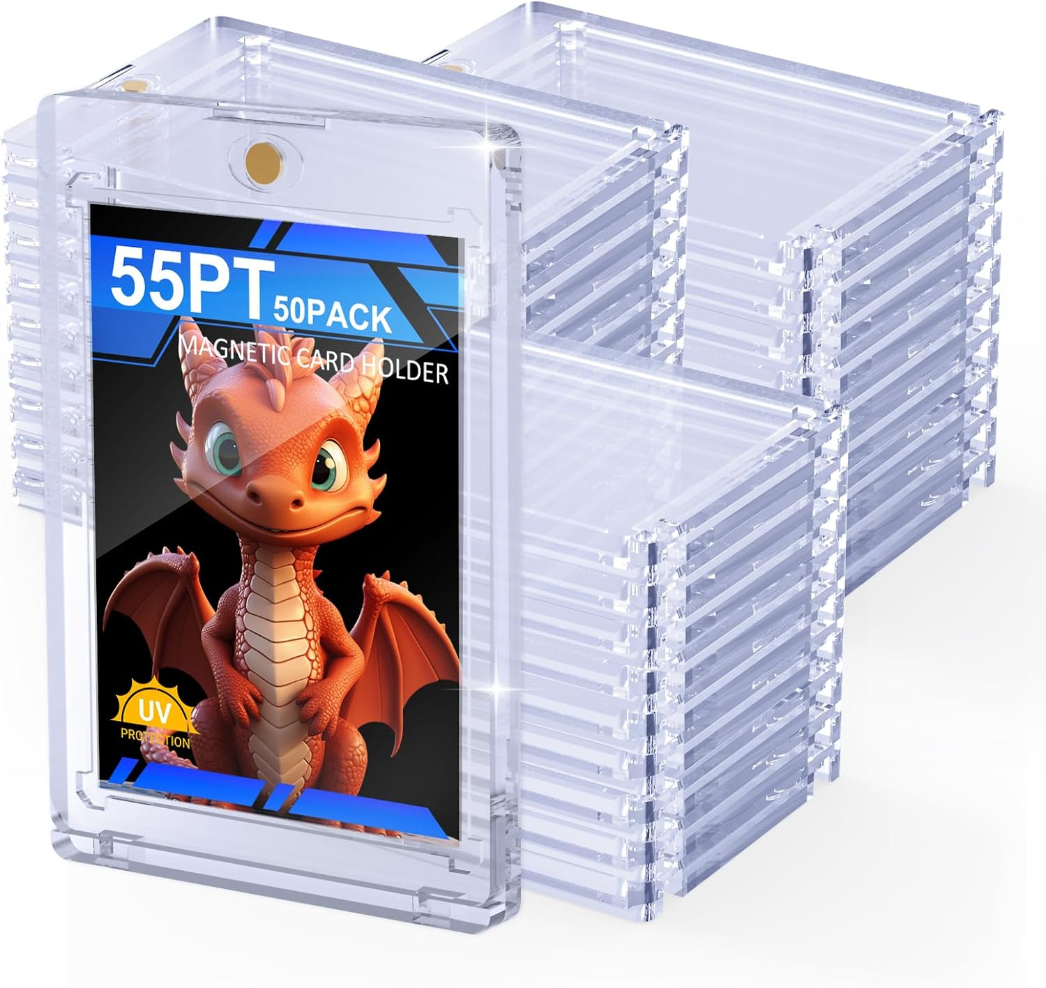 50Ct Magnetic Card Holder, 55Pt One Card Touch Holders for Trading Cards, U-V Protection Card Display Case Protectors Sleeves Hard Plastic Cover for Sports Game