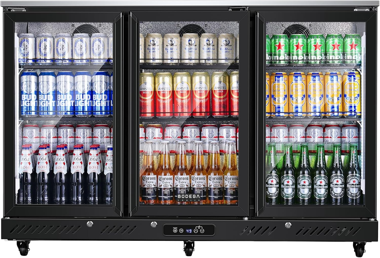 COOLER Back Bar Cooler with 3 Glass Doors,12 Cu.Ft Undercounter Commercial Bar Beverage Refrigerator,Large Bar Fridge for Beer Soda Wine LED Lighting,Stainless Steel Top,Doe Approved,6 Casters