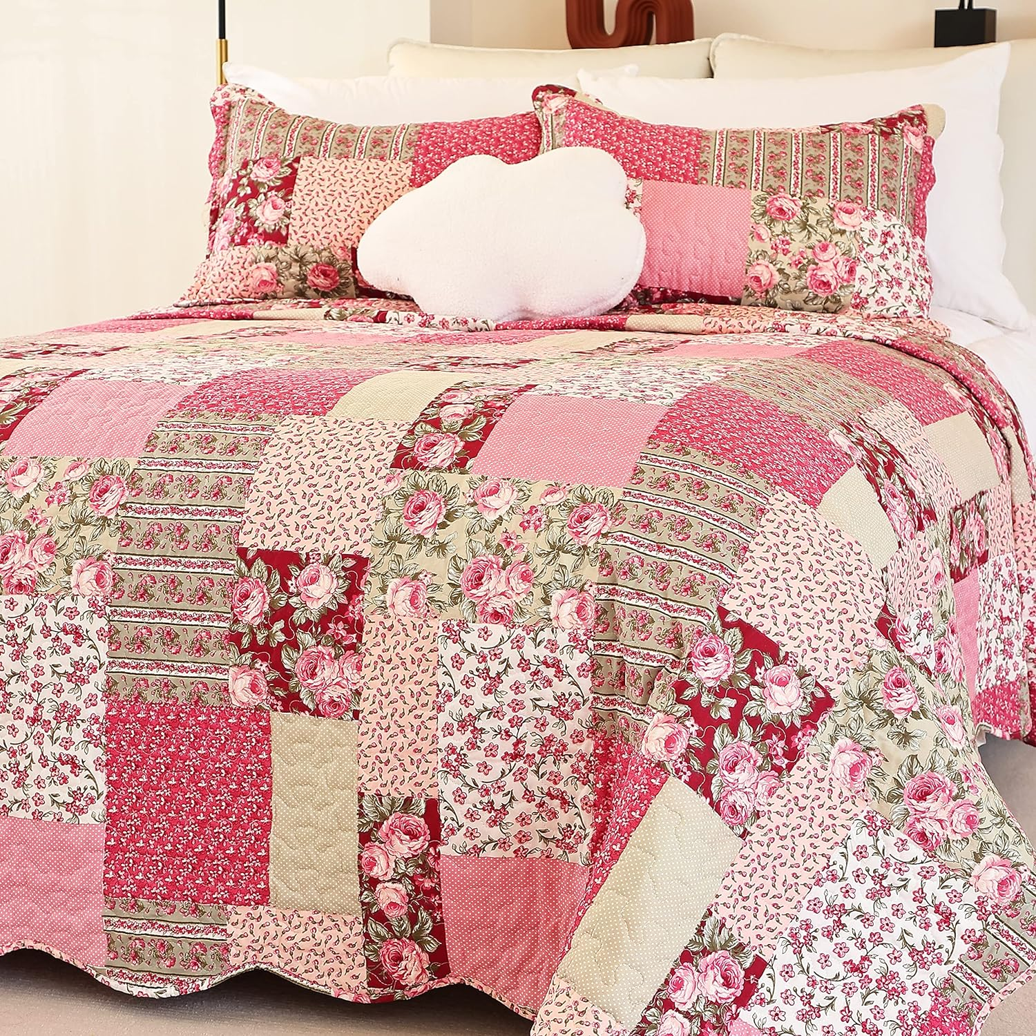 Summer Floral Queen Quilted Bedspread,Romantic Pink Quilt Set Full,Reversible Stitched Bedding Set All Season,Soft Lightweight Coverlet with Pillow Cases (Hot Pink&Rose, Queen90 X90)