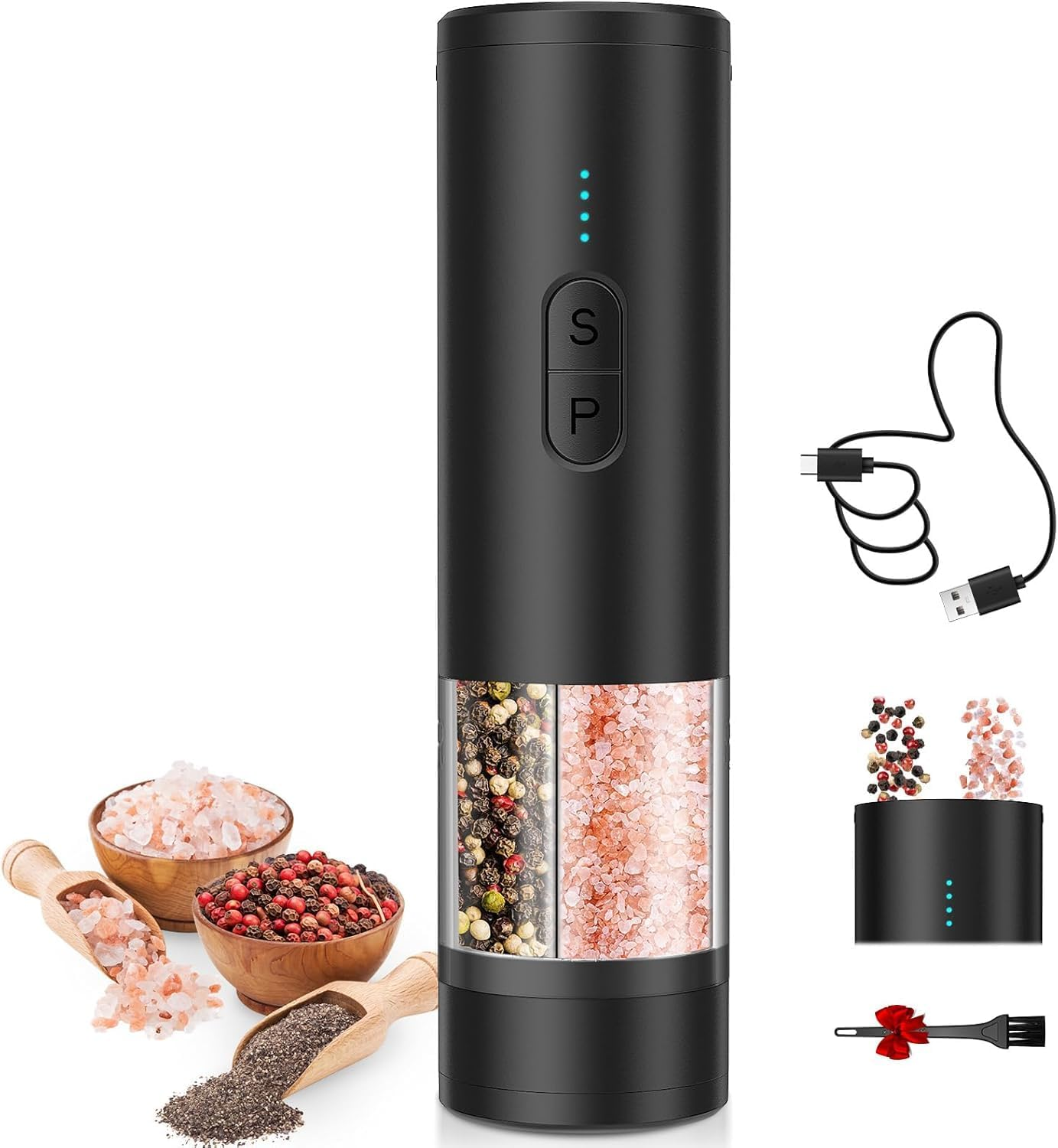 Electric Salt and Pepper Grinder Set, 2-In-1 Dual Bins, USB Rechargeable, Refillable, Automatic Salt and Pepper Mill Shaker with LED Light, Dual Ceramic Grinders, Adjustable Coarseness, Kitchen Gift