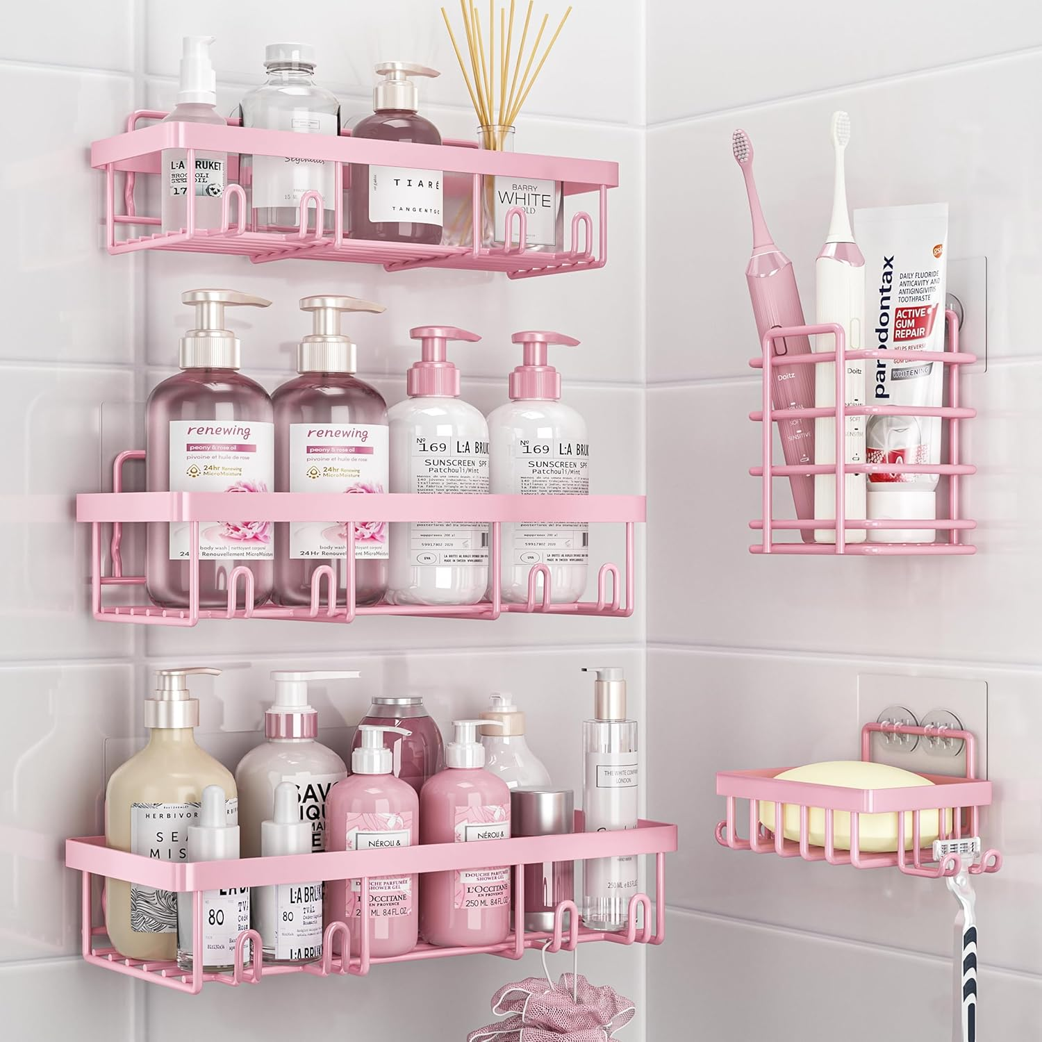 5 Pack Shower Caddy Organizer Rack Shelf for inside Shower, Adhesive Bathroom Wall Storage Basket Rustproof Stainless Steel Shampoo Holder, Girly Bathroom Accessory Decor Set, Pink