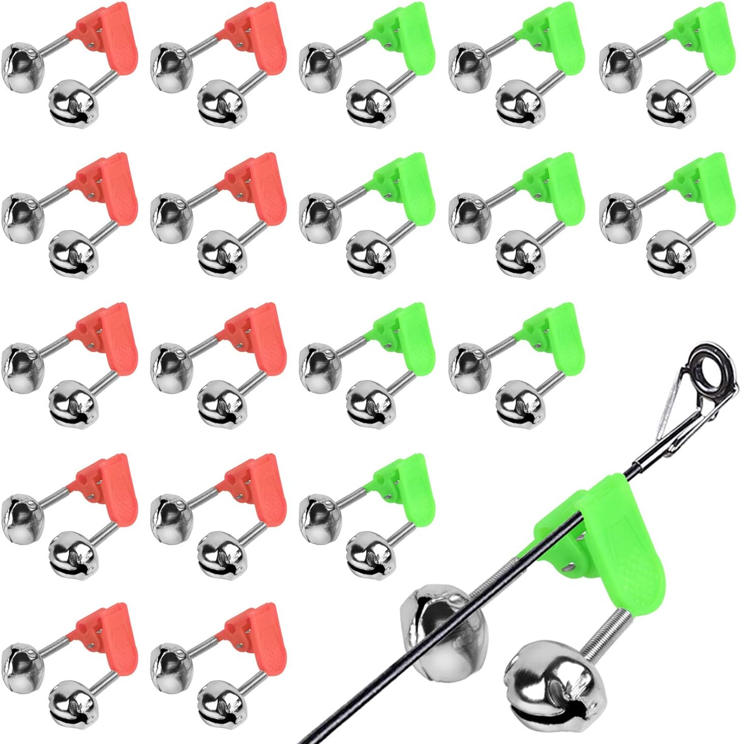 20 Pcs Fishing Rod Alarm Loud Dual Alert Bells Fishing Bells Clips for Fish Strike Silver Tone (Red and Green)