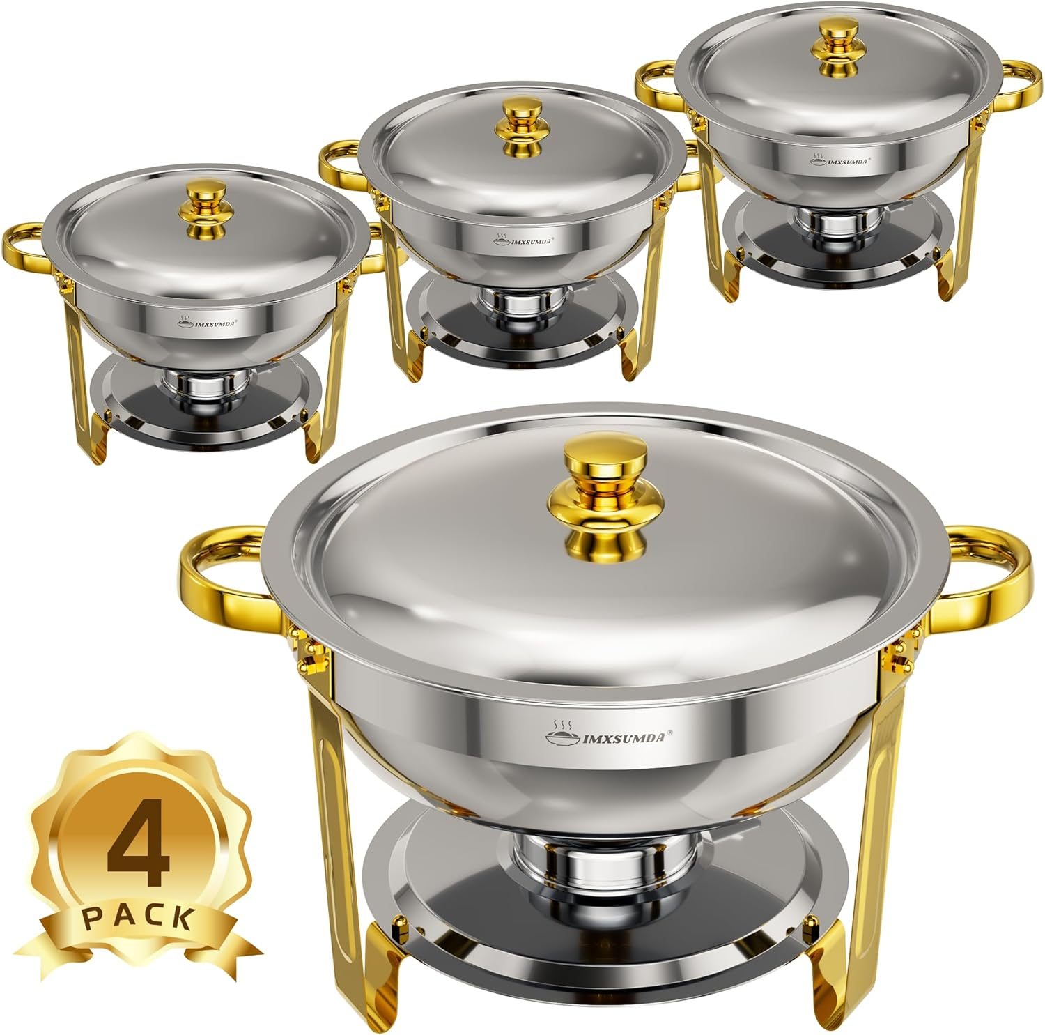 Chafing Dishes for Buffet 4 Pack, 5 QT round Chafing Dish Buffet Set Chafers and Buffet Warmers Sets,Stainless Steel Food Warmers for Parties Catering Weddings Event Holiday,Gold and Silver