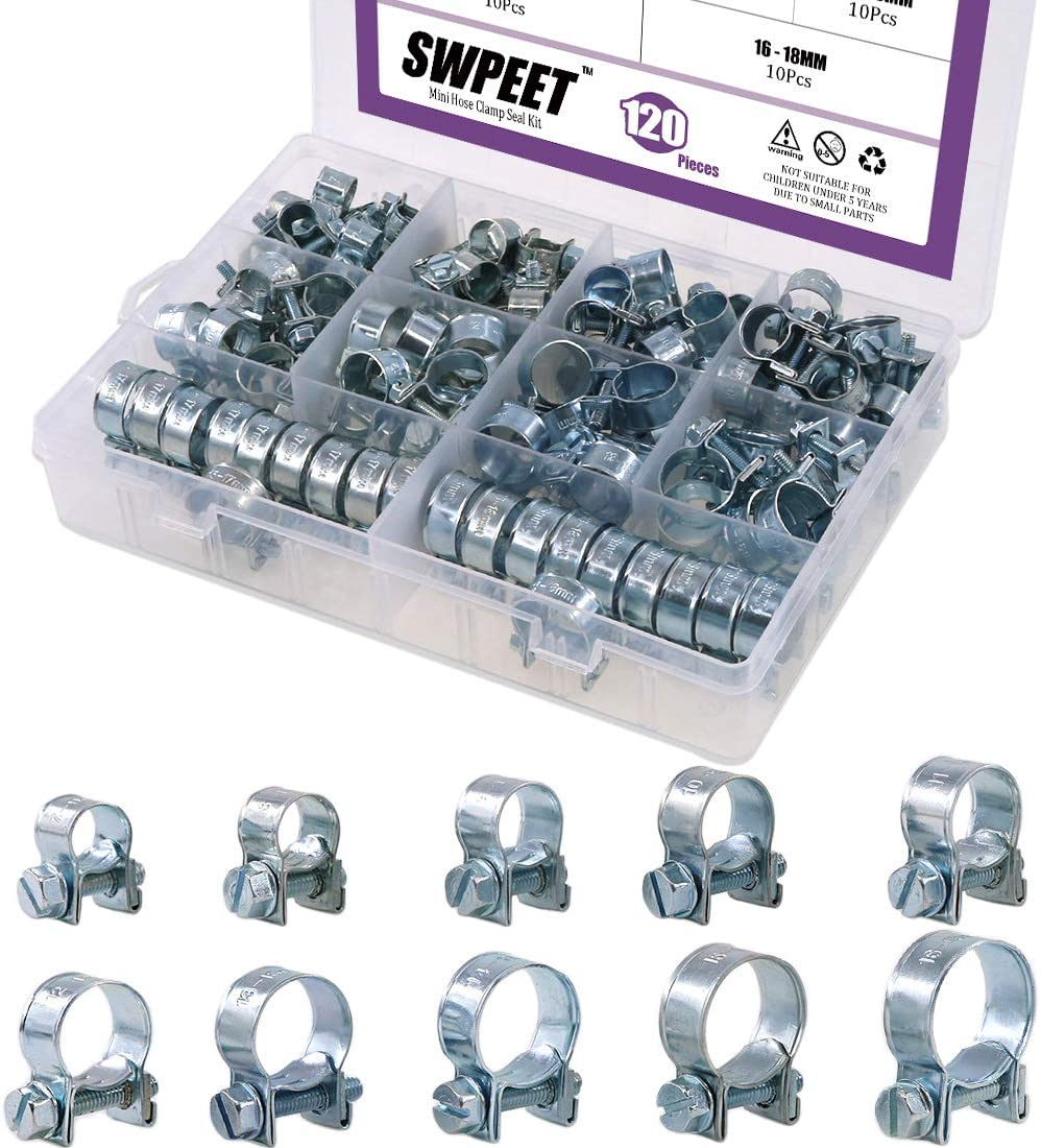 120Pcs 10 Sizes Zinc Plated Mini Fuel Injection Line Style Hose Clamp Assortment Kit Perfect for Automotive, Agriculture, Plant & Construction