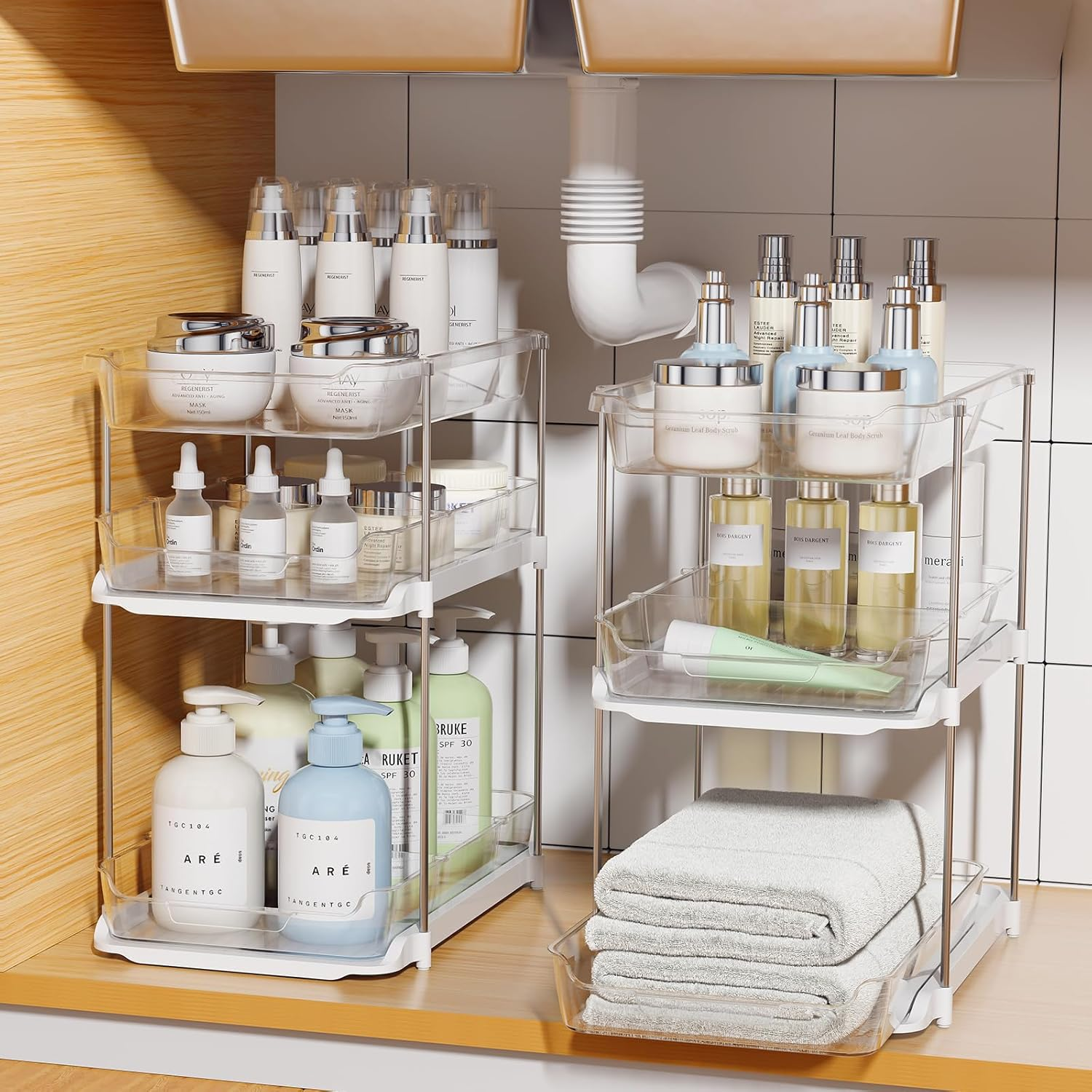 2 Sets of 3-Tier Bathroom under Sink Organizers and Storage, Multi-Purpose Stackable Pantry Organization and Storage, Pull Out Clear Kitchen Bathroom Cabinet Organizer with Movable Dividers | Storage, Multi-Purpose, Stackable, Pantry Organization, Pull Out, Movable Dividers