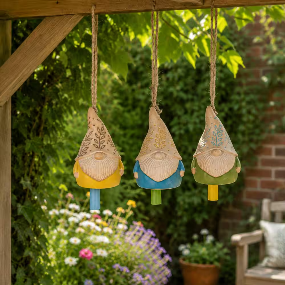 Multi-Colored 7 In. Ceramic Gnome Bells with Carved Leaf Design (Set of 3)