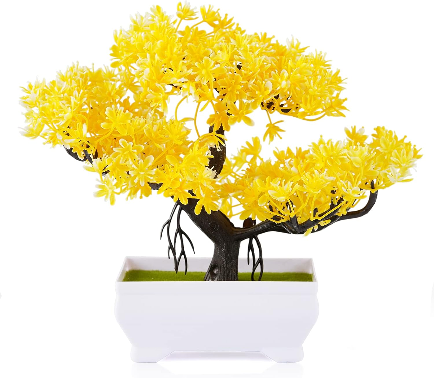 Mini Artificial Bonsai Tree Plants with Plastic Cement Pots for Home Office Décor (Yellow)