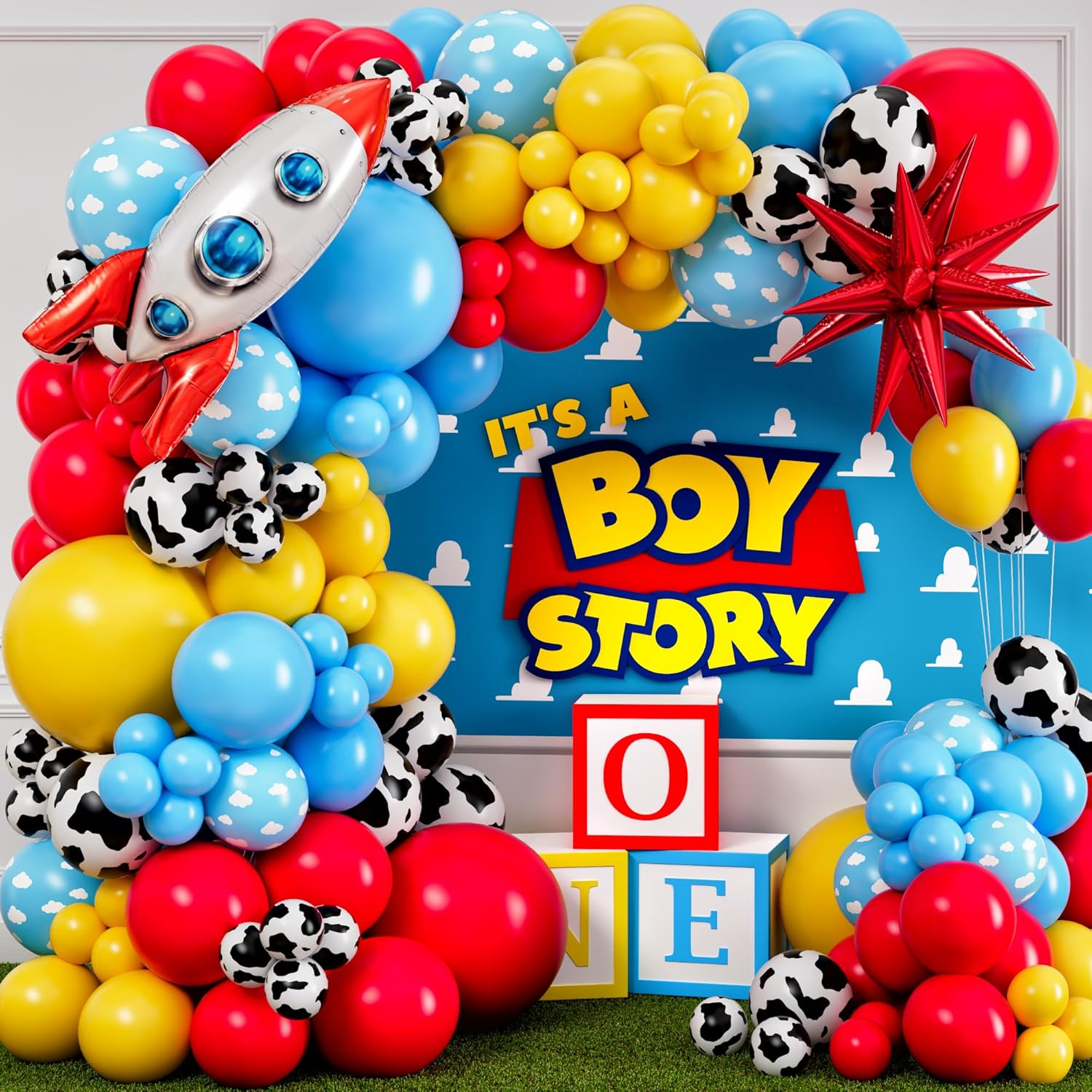 ALL-IN-1 Toy Story Balloons Arch Kit for It'S a Boy Story Baby Shower Decorations – Toy Story Balloon Garland Kit with Cloud & Cow Toys Story Balloons for First Toys Story Birthday Party Supplies