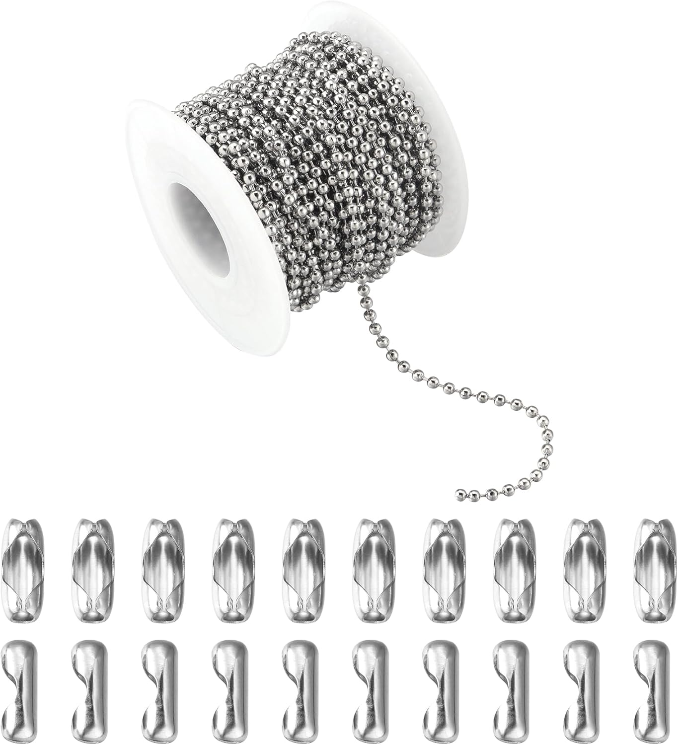 33Feet Ball Bead Chain Stainless Steel Dog Tag Chain with Matching Connectors for Jewelry Making Necklace Hanging Bracelets Keychain(2.4Mm)