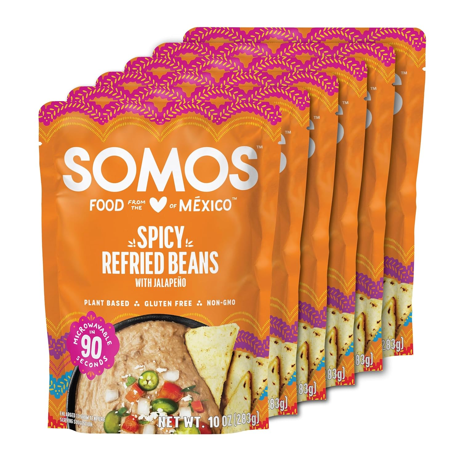 SOMOS Spicy Refried Beans - Gluten Free, Non-Gmo, Vegan & Microwavable Meals Ready to Eat - Delicious, Healthy & Convenient - Perfect for Tacos, Tostadas & More | 10 Oz (Pack of 6)