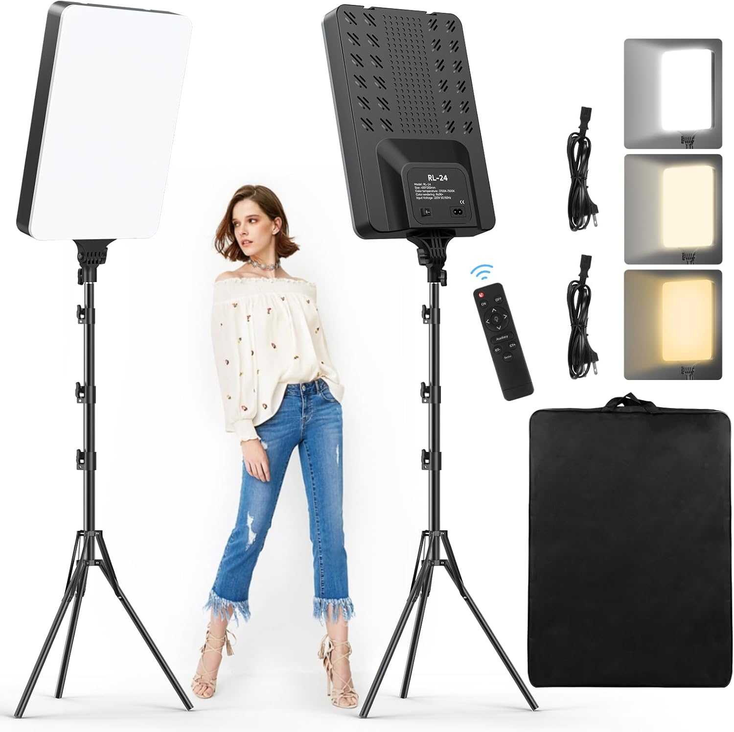 2-Pack 24'' LED Video Light Kit,  2800-7500K Dimmable Photography Lighting with Remote and 75Inches Stand, CRI 96+ Studio Lights for Tiktok, Youtube, Game Streaming, Video Photography