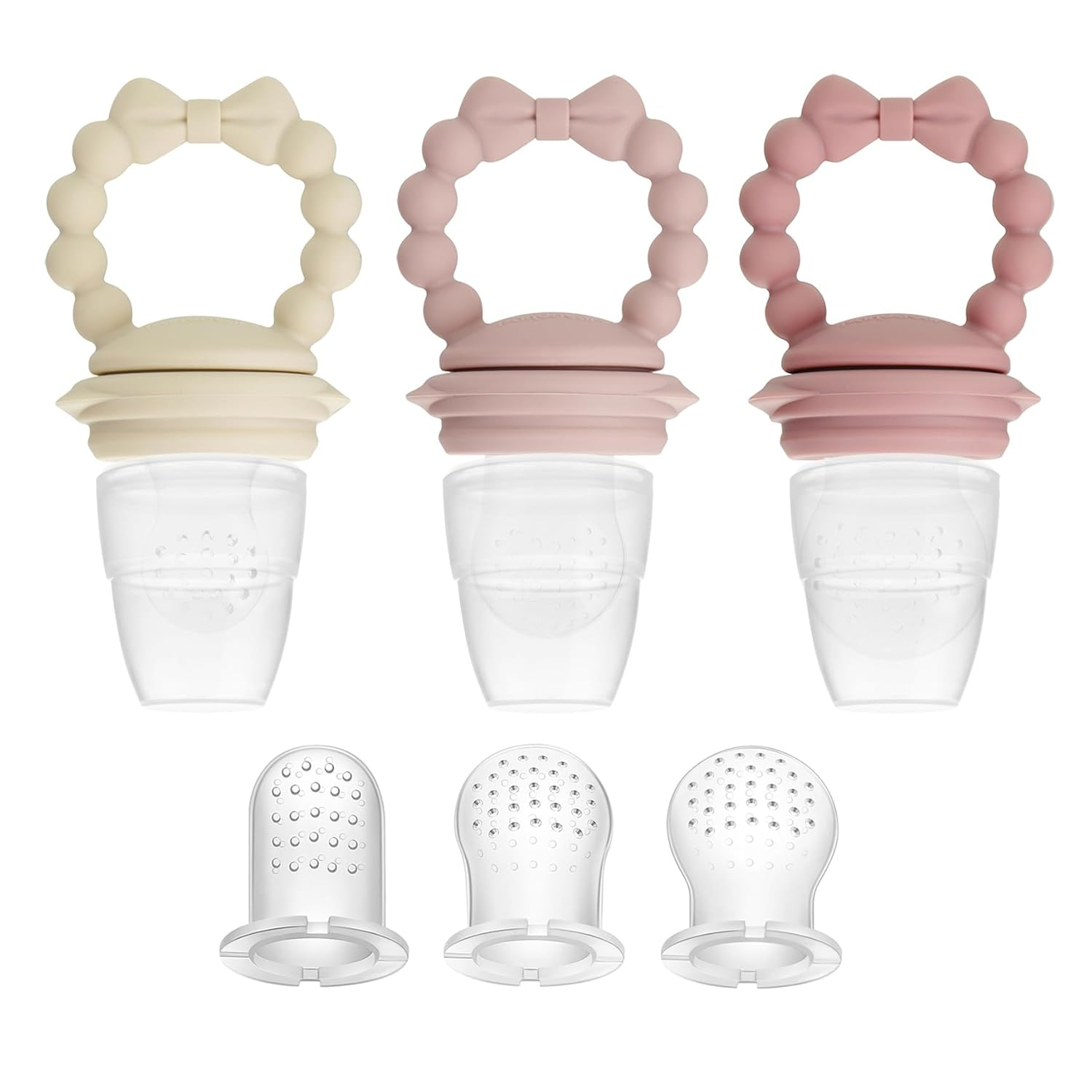 3 Pack Baby Fruit Food Feeder Pacifier with 3 Different Size Silicone Pouch, Silicone Teethers for Babies 3-6-12 Months, BPA Free Mesh Feeder, Baby Solid Food Essentials