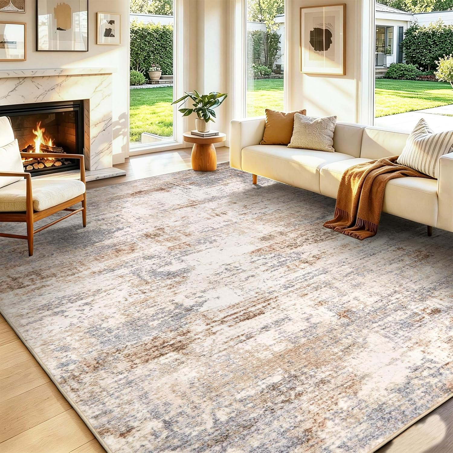 Washable Area Rug Living Room Rugs-8X10 Large Soft Non-Slip Carpet for Bedroom Dining Room Modern Abstract Neutral Low Pile Floor Rugs Stain Resistant Indoor Nursery Home Office,Brown Grey